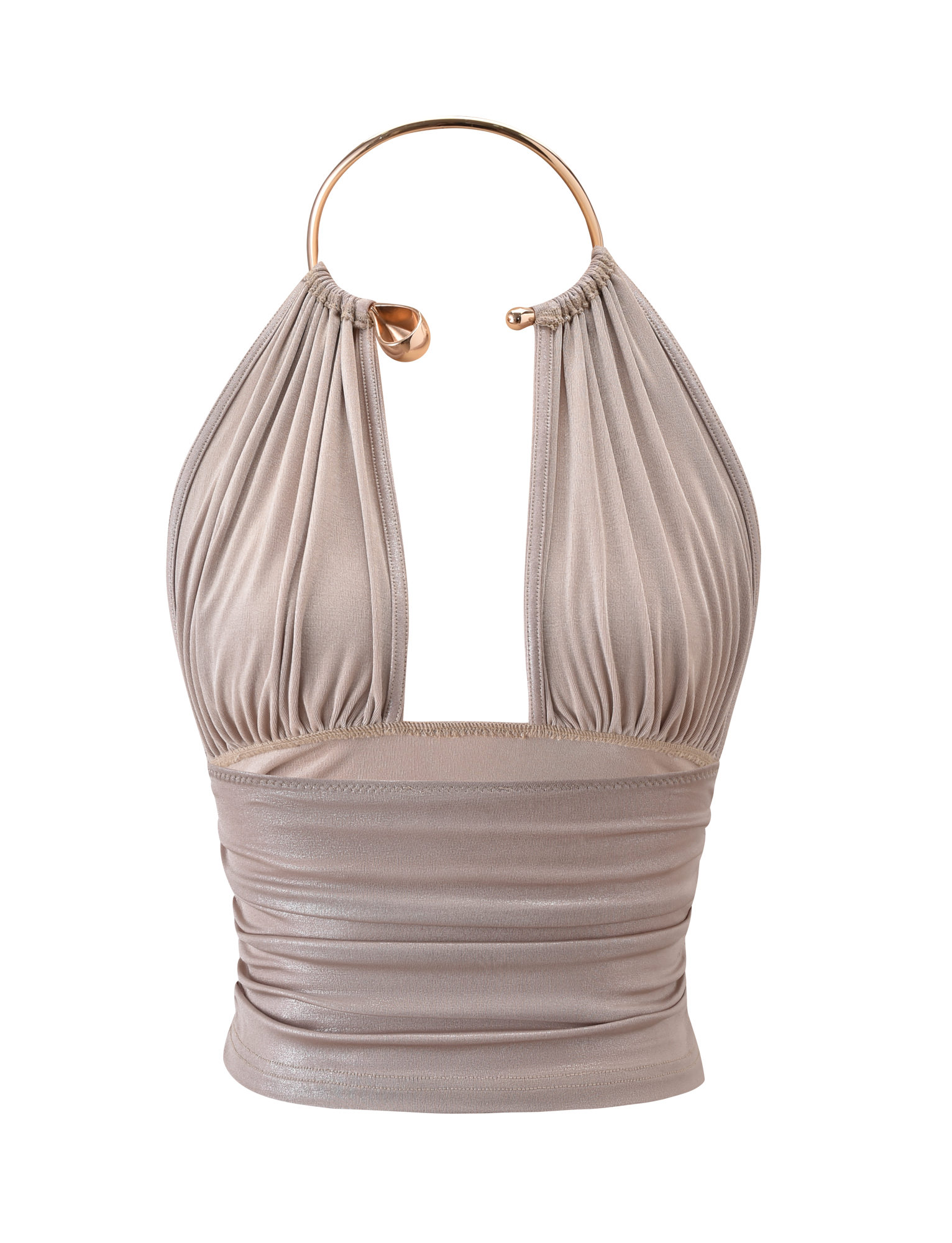 The VIANNA TOP - GOLD by TIGERMIST features metallic gold lamé with ruched, pleated fabric, a plunging neckline, and a circular gold neck piece halter strap. The fitted bodice is gathered. Shown on a plain white background.