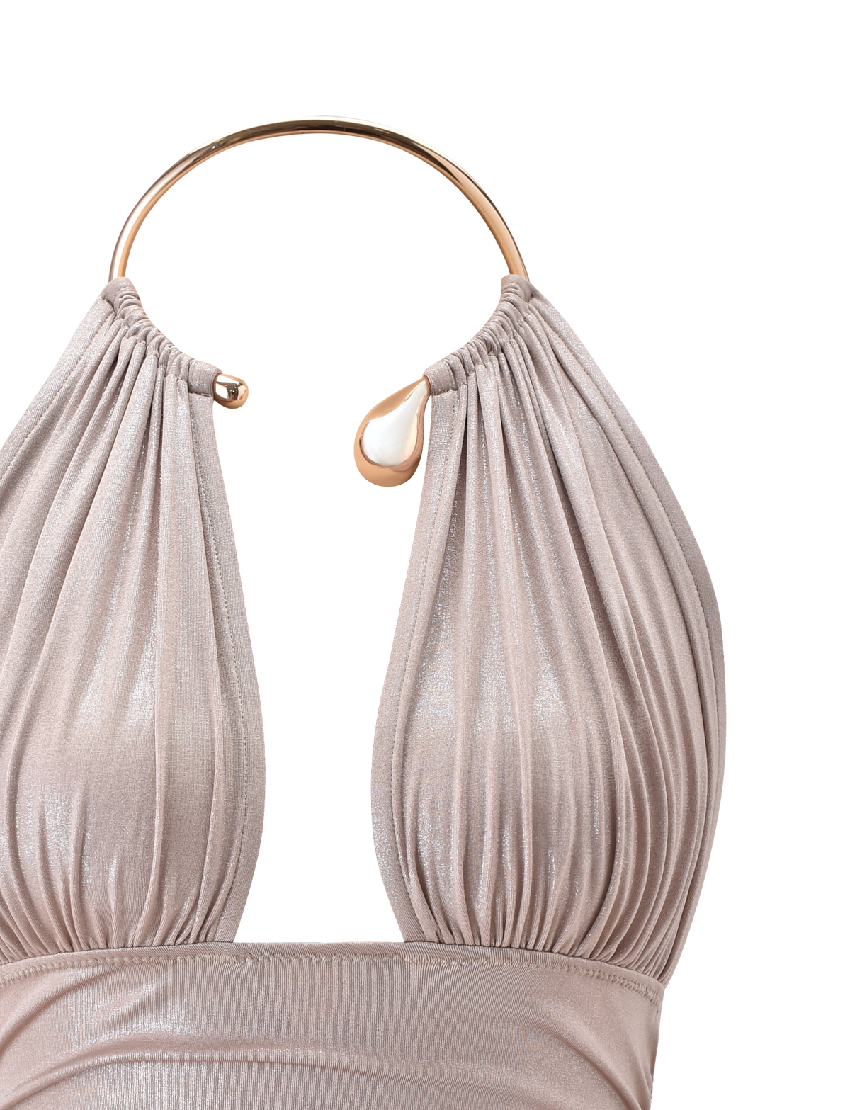 A close-up of the VIANNA TOP - GOLD by TIGERMIST, featuring ruched metallic fabric gathered at a gold hoop neckline, accentuating its plunging design against a plain white background.