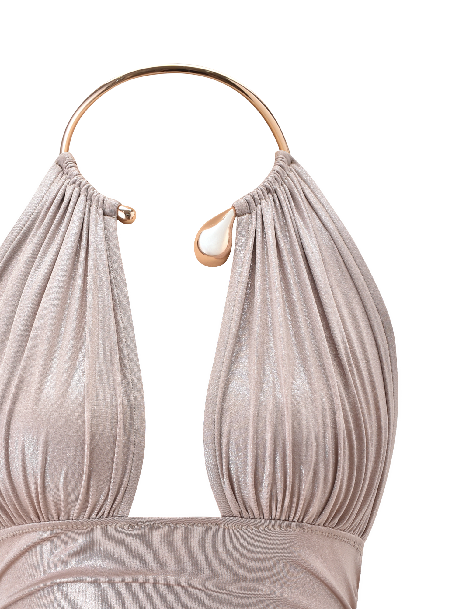 A close-up of the VIANNA TOP - GOLD by TIGERMIST, featuring ruched metallic fabric gathered at a gold hoop neckline, accentuating its plunging design against a plain white background.