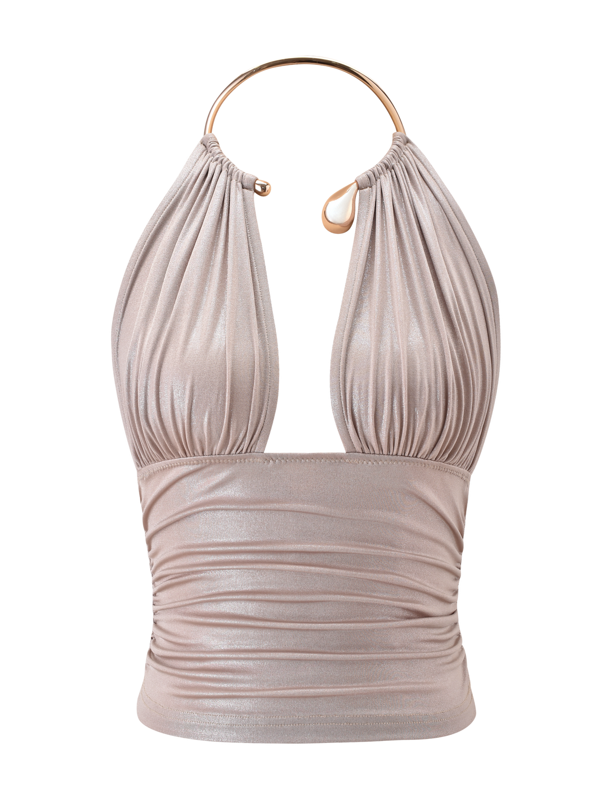 The VIANNA TOP - GOLD by TIGERMIST features a metallic gold halter design with a ruched bodice, plunging neckline, and gold circular metal neck strap. Its shiny, pleated front adds bold style to this statement piece.