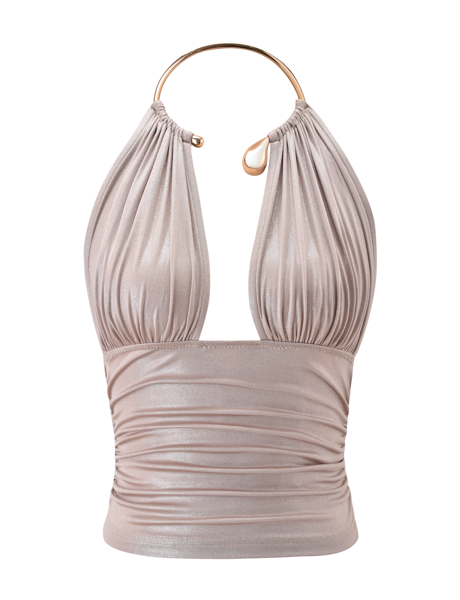 The VIANNA TOP - GOLD by TIGERMIST features a metallic gold halter design with a ruched bodice, plunging neckline, and gold circular metal neck strap. Its shiny, pleated front adds bold style to this statement piece.