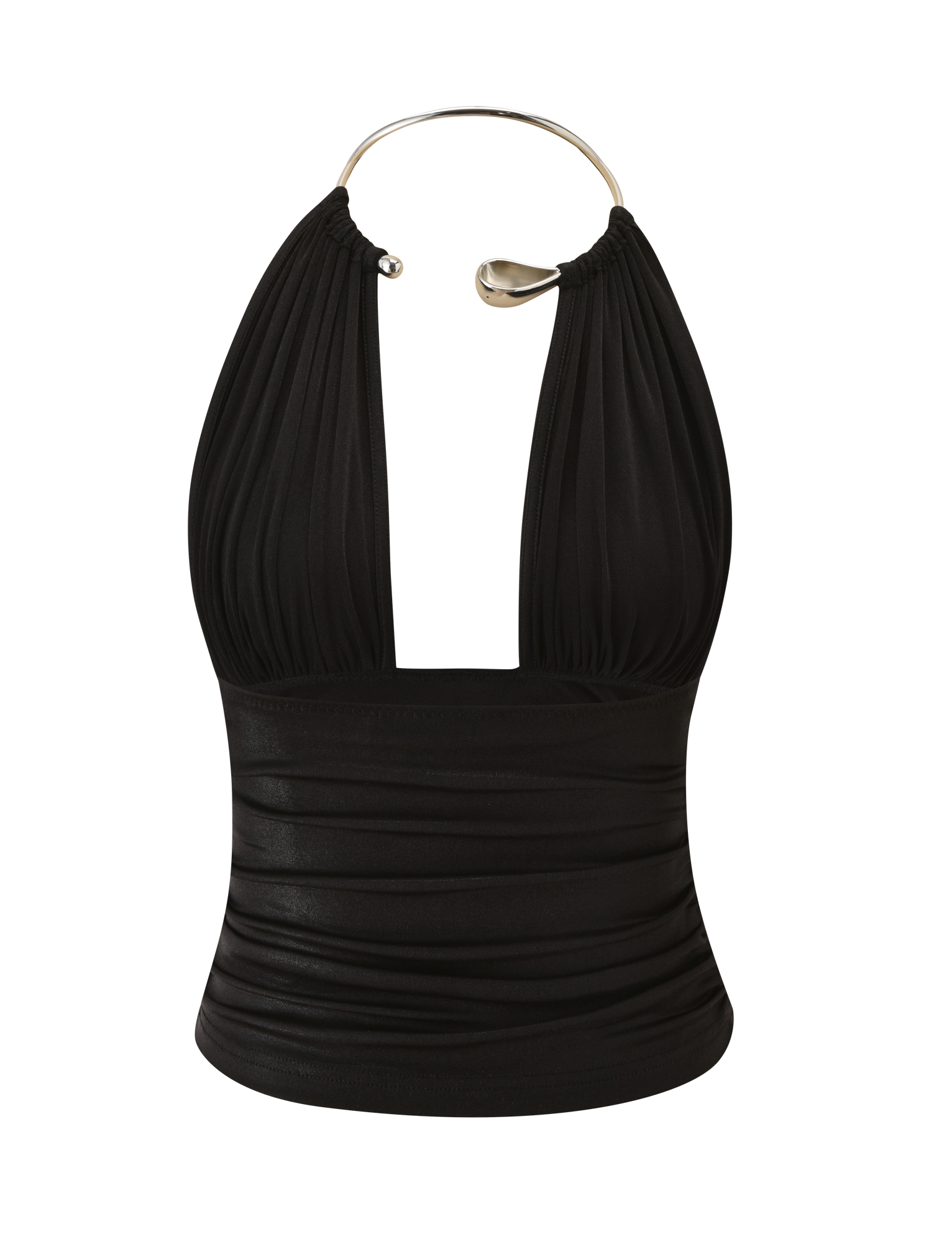 The TIGERMIST VIANNA TOP - BLACK METALLIC features a sleeveless design, plunging V-neckline, ruched lamé fabric, and a chic choker neck strap, shown on a plain white background.