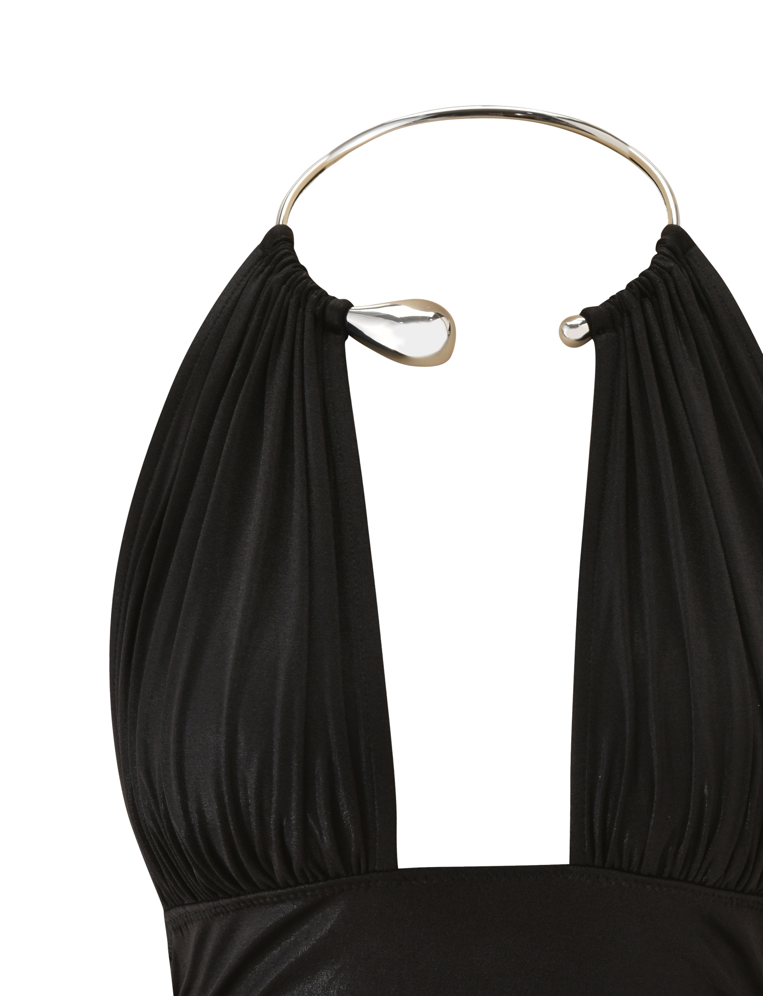 Close-up of the TIGERMIST VIANNA TOP - BLACK METALLIC, featuring a black halter-neck design with pleated fabric, plunging neckline, and a shiny silver choker-style collar, displayed against a plain white background.