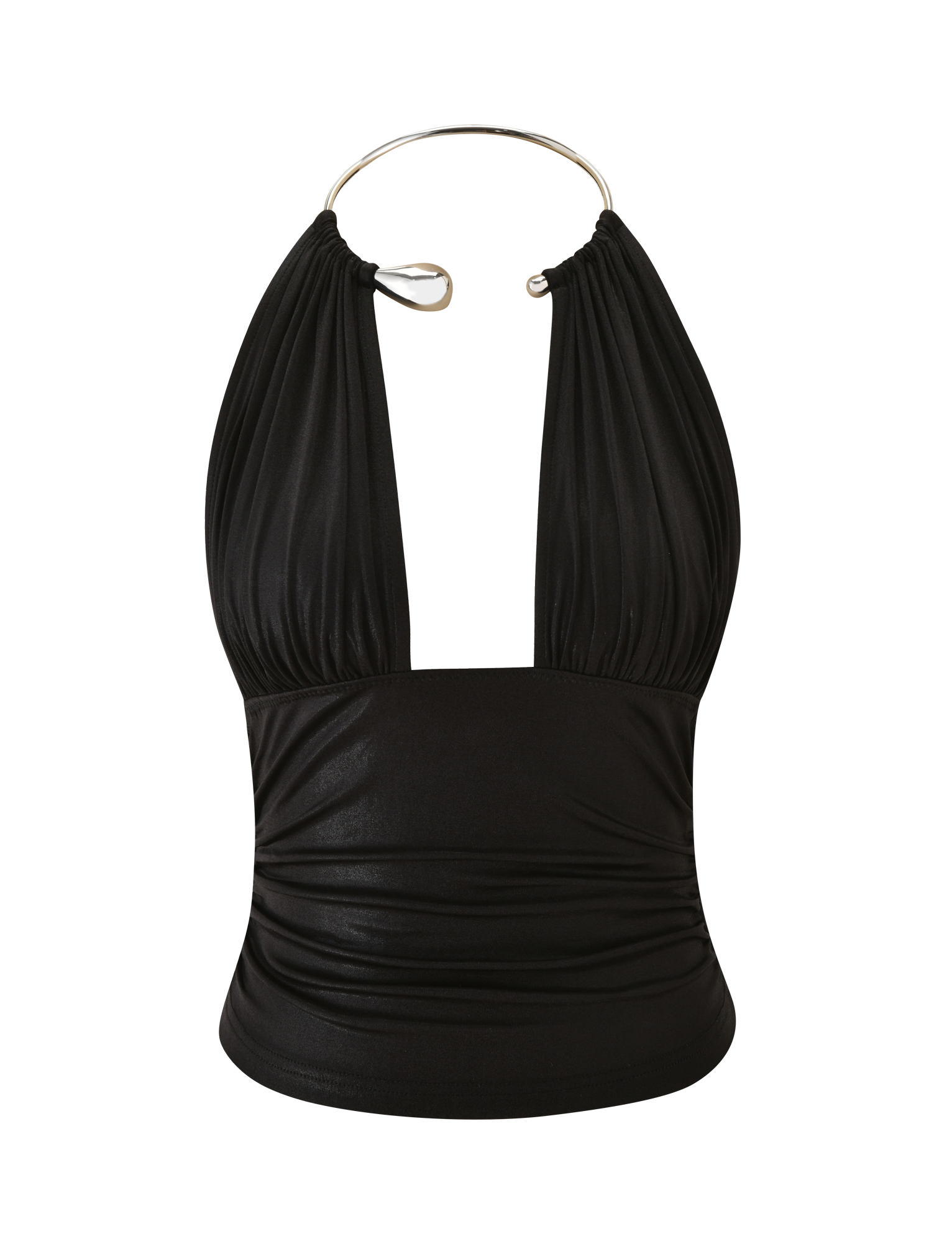The TIGERMIST VIANNA TOP in black metallic features a plunging neckline, gathered fabric, and a metallic ring halter strap, shown against a white background.