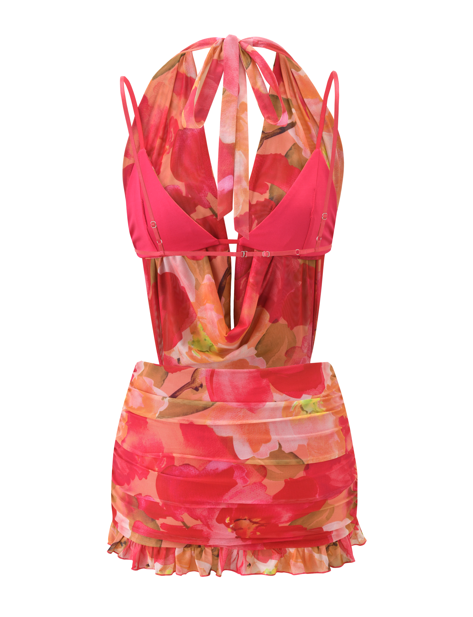 The TIGERMIST JOLIE MINI DRESS - DAIQUIRI FLORAL is a vibrant pink and red halter-neck dress featuring a tropical floral print, low back, draped front, thin straps, and a ruffled hem.
