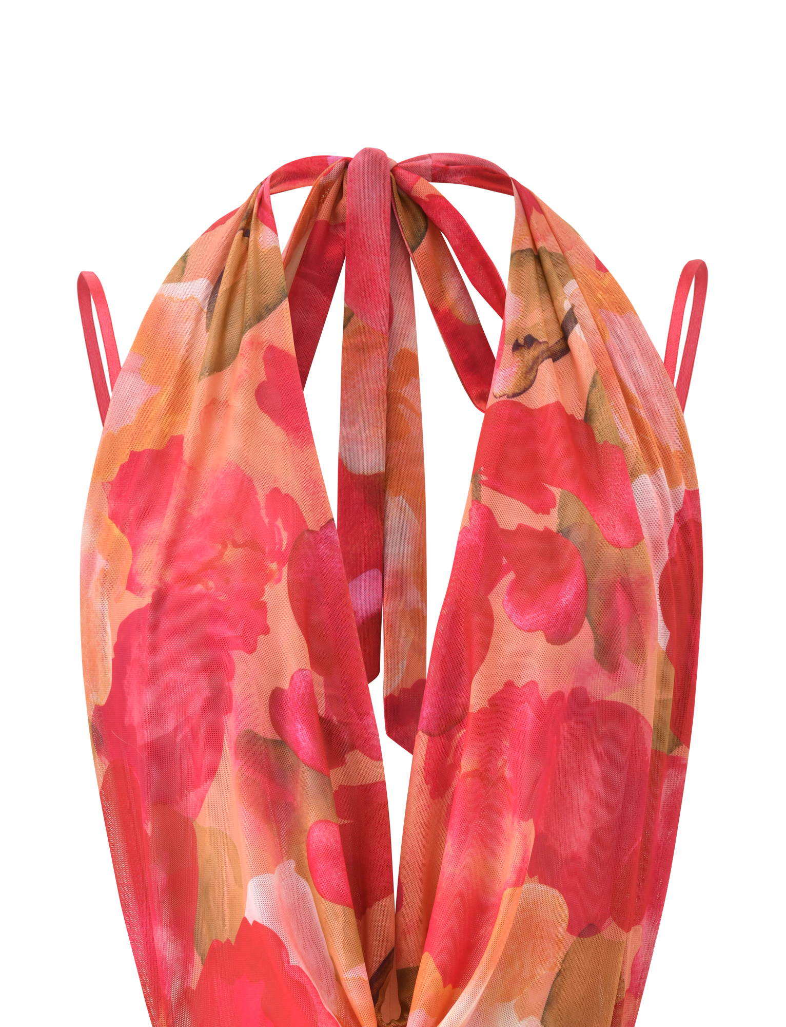 The TIGERMIST JOLIE MINI DRESS - DAIQUIRI FLORAL features a halter-neck bodycon fit with thin straps and a bold abstract floral print in pink, red, and peach tones, shown against a plain white background.