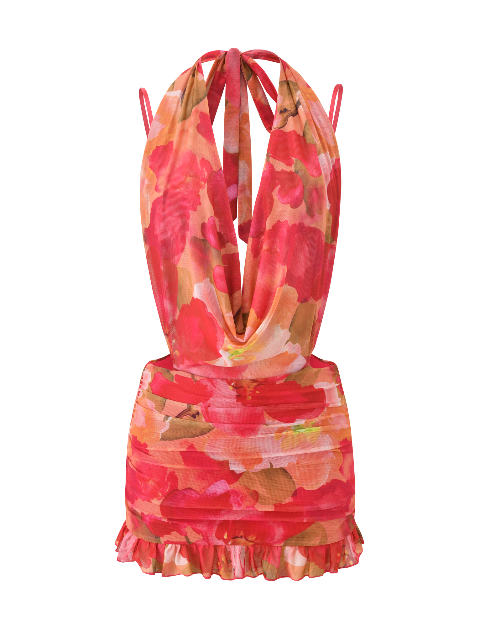 The JOLIE MINI DRESS - DAIQUIRI FLORAL by TIGERMIST is a sleeveless, halter-neck bodycon mini dress with a plunging neckline, ruched skirt, ruffled hem, and a vibrant red, pink, and tan tropical floral print.