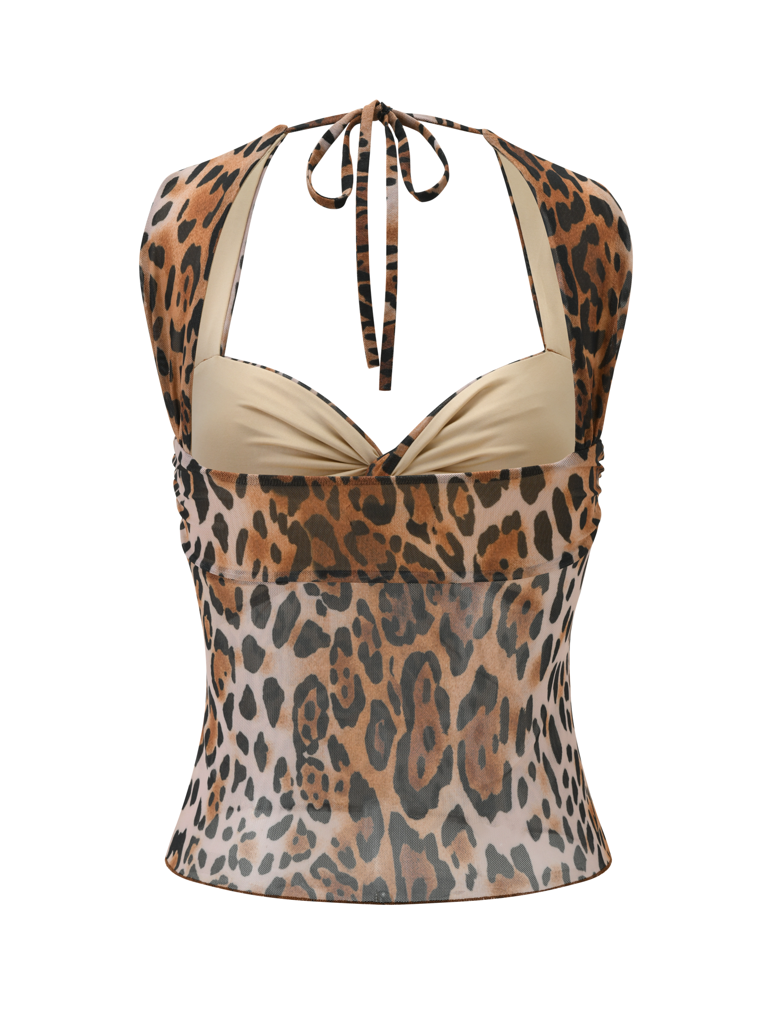 The AZALEA TWIST TOP - LEOPARD by TIGERMIST features a sleeveless halter neck, twist front, brown and black leopard print, beige bra-style cups, tie-back neck, and semi-sheer mesh fabric, shown on a white background.