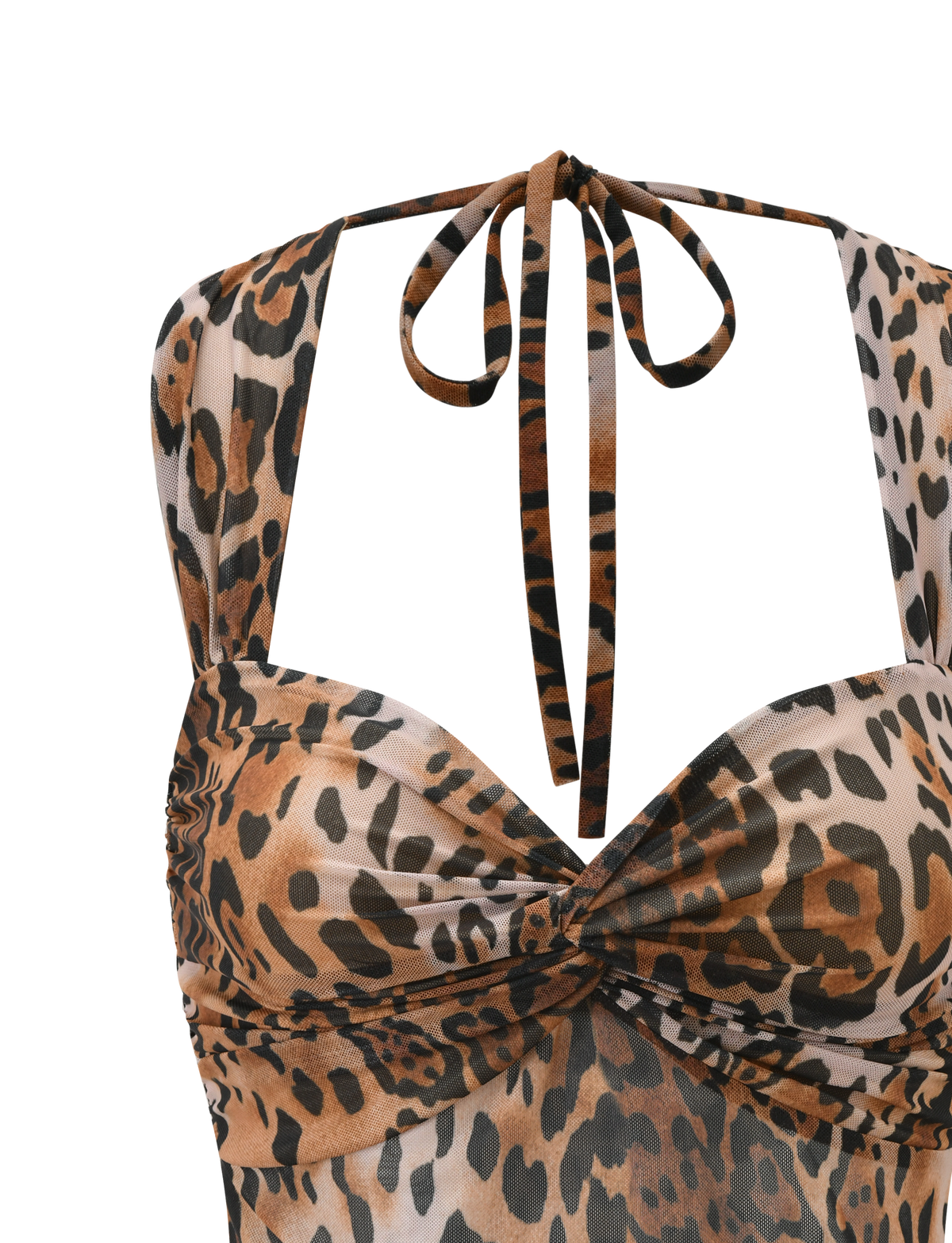 A close-up of the AZALEA TWIST TOP – LEOPARD by TIGERMIST, a halter-neck top in semi-sheer mesh with a brown and black leopard print, tie-neck straps, and ruched bust detailing.