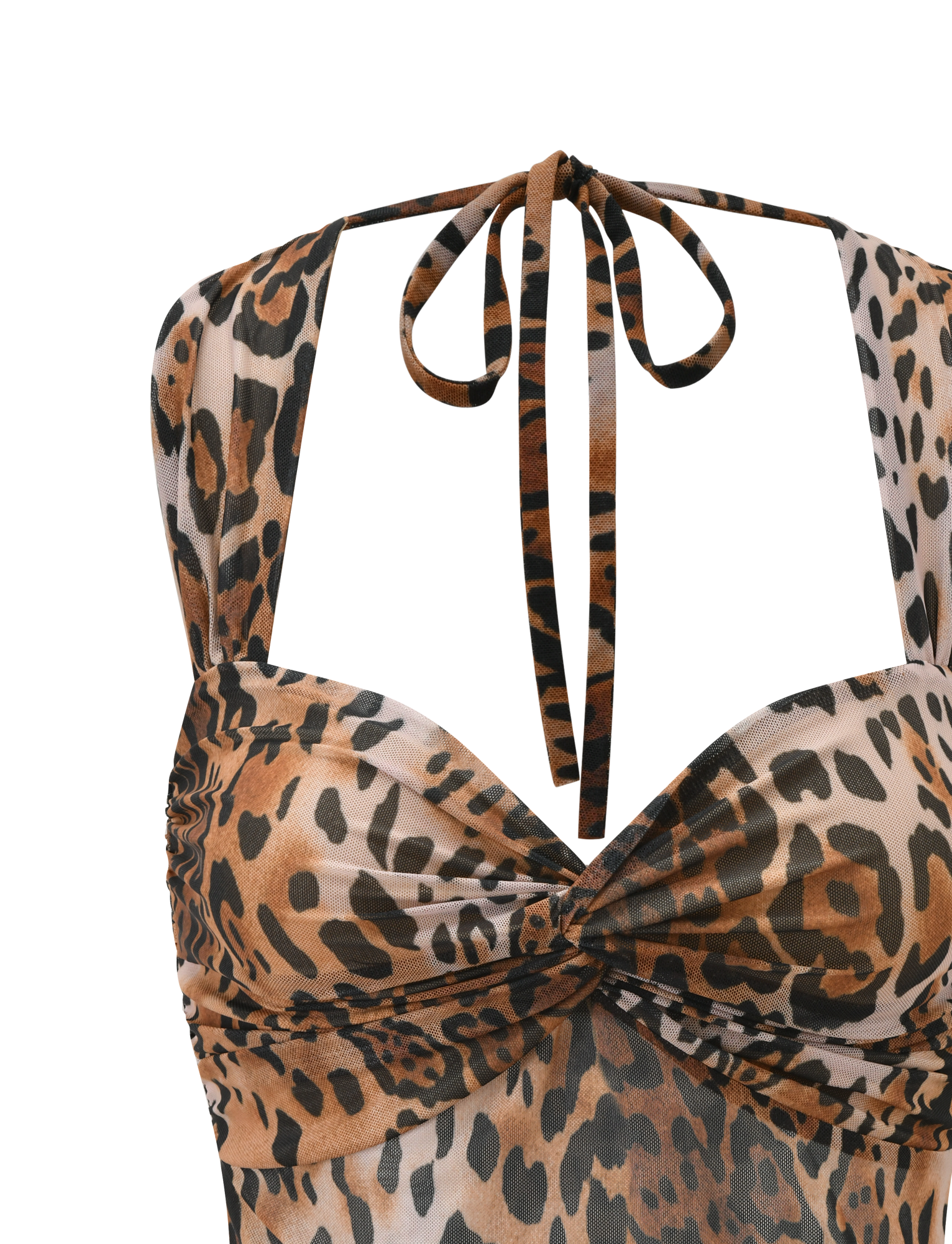 A close-up of the AZALEA TWIST TOP – LEOPARD by TIGERMIST, a halter-neck top in semi-sheer mesh with a brown and black leopard print, tie-neck straps, and ruched bust detailing.