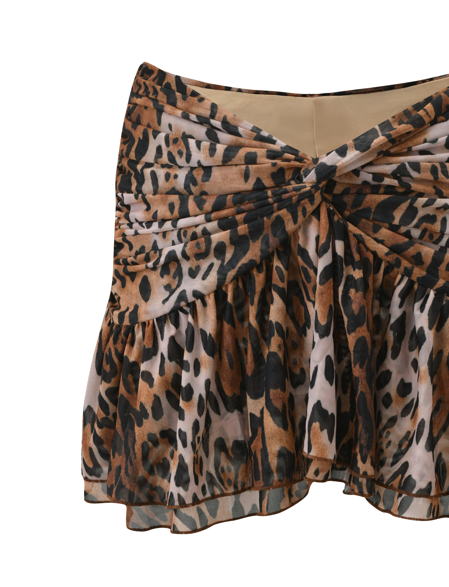 The TIGERMIST AZALEA TWIST MINI SKIRT - LEOPARD features a short, ruffled silhouette in brown, black, and beige leopard print with a twisted front knot and tiered flounce hem for playful movement.