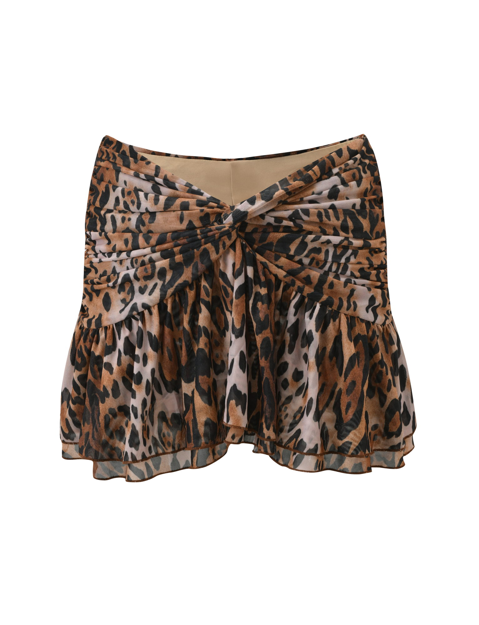 The AZALEA TWIST MINI SKIRT - LEOPARD by TIGERMIST features a playful tiered flounce hem, gathered waist, front twist detail, and is crafted from lightweight, semi-sheer fabric.