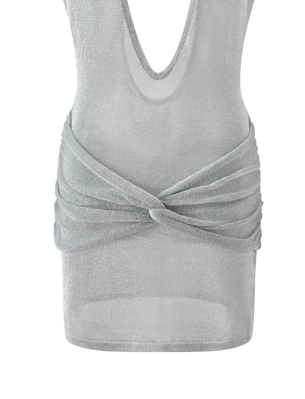 The ZOSIA MINI DRESS by TIGERMIST is a sleeveless silver knit mini with a deep V neckline, draped twisted drop waist, and sheer fitted fabric for a striking, alluring metallic look.