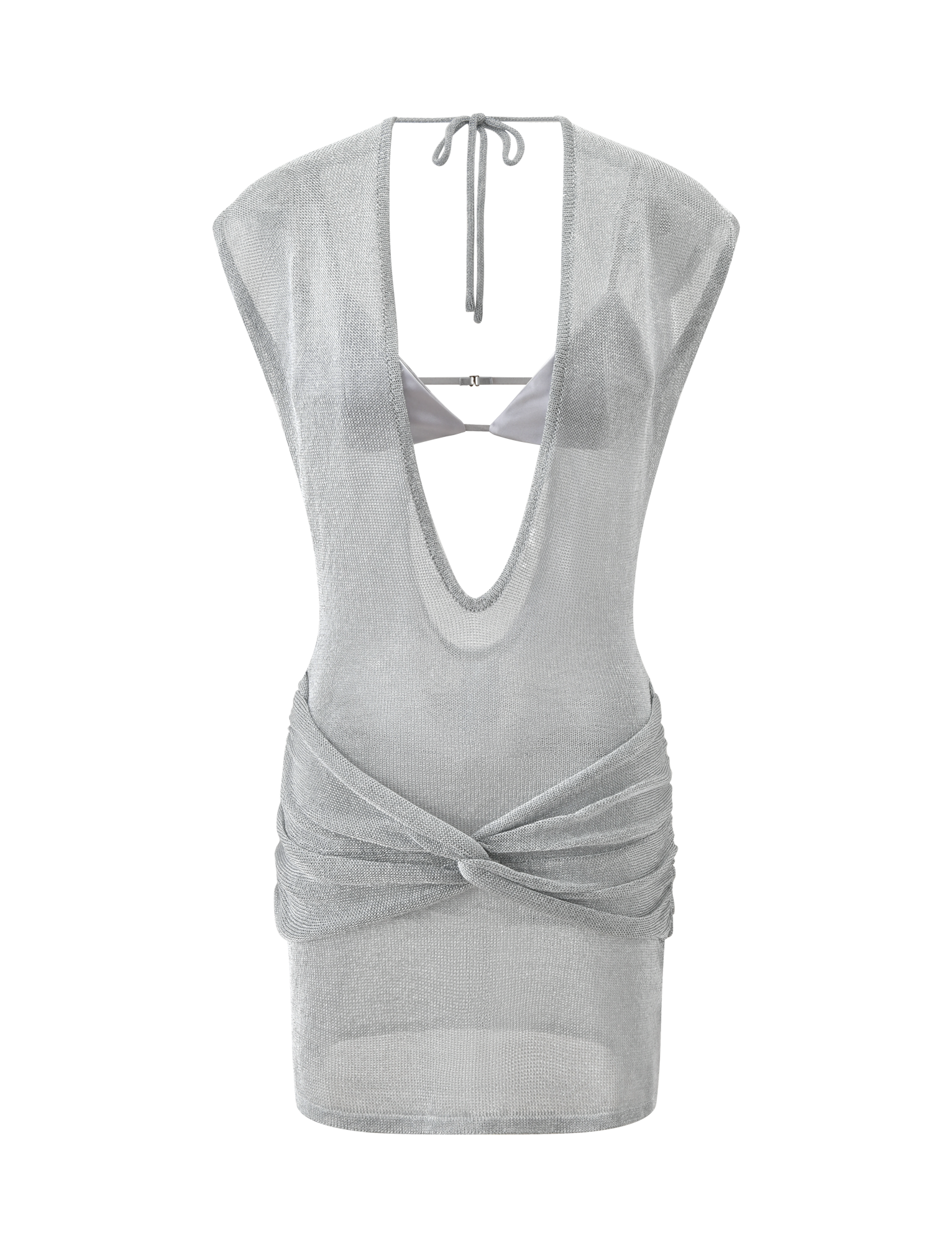 The TIGERMIST ZOSIA MINI DRESS in silver features a sheer knit, deep V-neck, open back tie closure, and twisted drop waist draping. A matching silver satin bralette adds a bold layered touch.