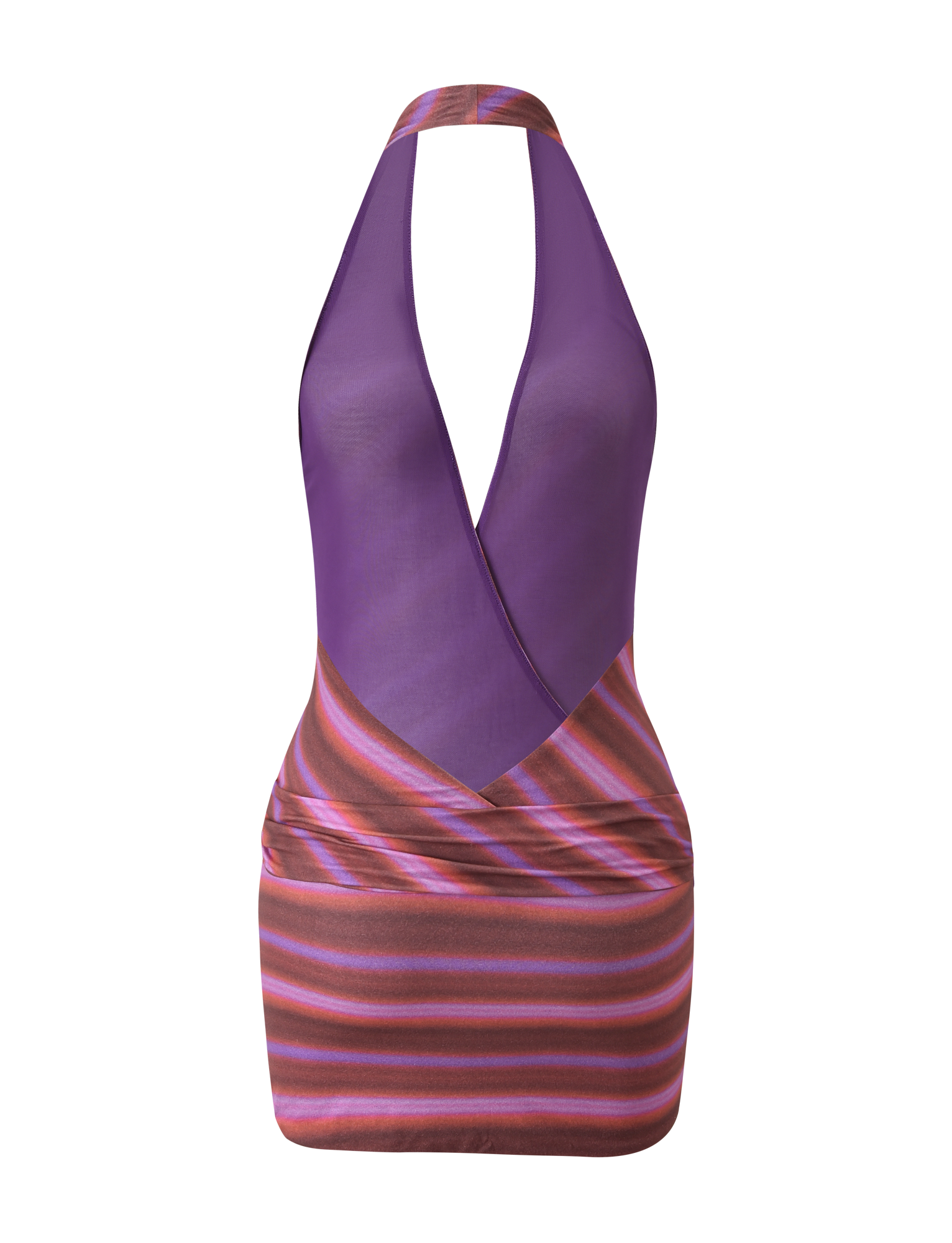 The SORRENTO MINI DRESS by TIGERMIST features a sleeveless halter neck, deep V neckline, fitted skirt, and faux wrap silhouette with dusk ombre stripes in purple, pink, and brown.