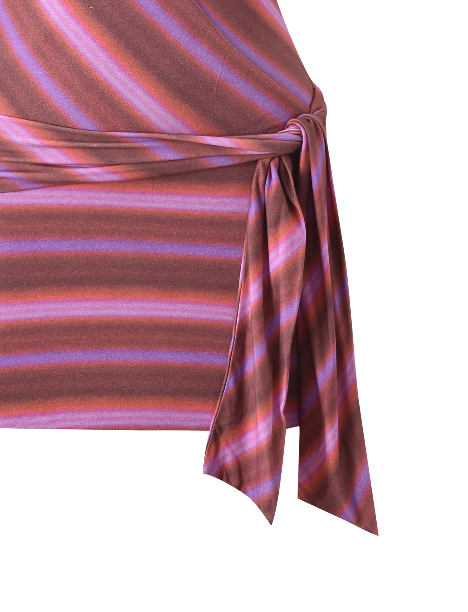Close-up of the SORRENTO MINI DRESS - DUSK OMBRE STRIPE by TIGERMIST, featuring diagonal pink, purple, and brown stripes with a faux wrap silhouette and side tied knot detail.