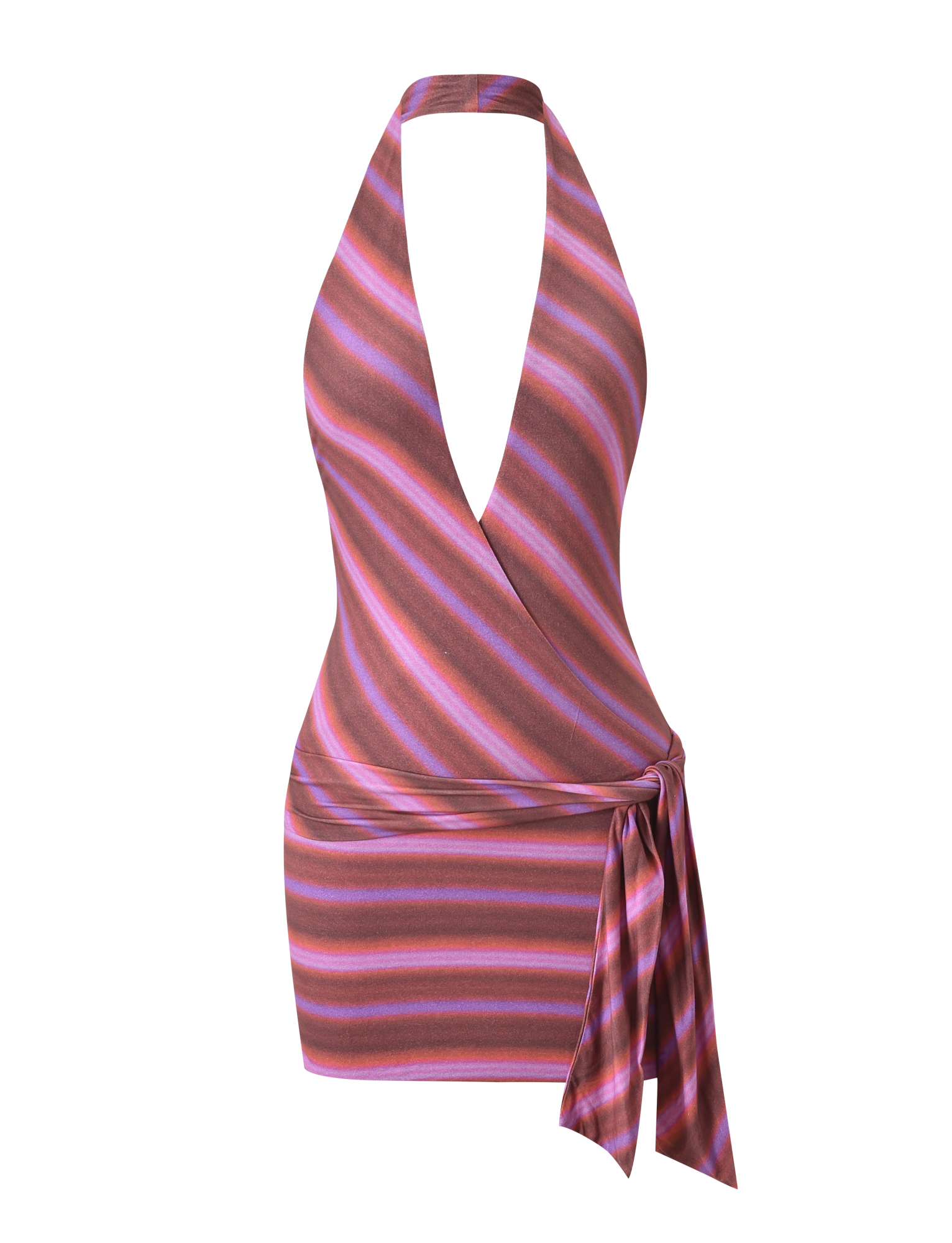 The SORRENTO MINI DRESS - DUSK OMBRE STRIPE by TIGERMIST features a sleeveless, halter neck design with diagonal pink and purple stripes, a deep V-neckline, and a matching side tie at the waist.