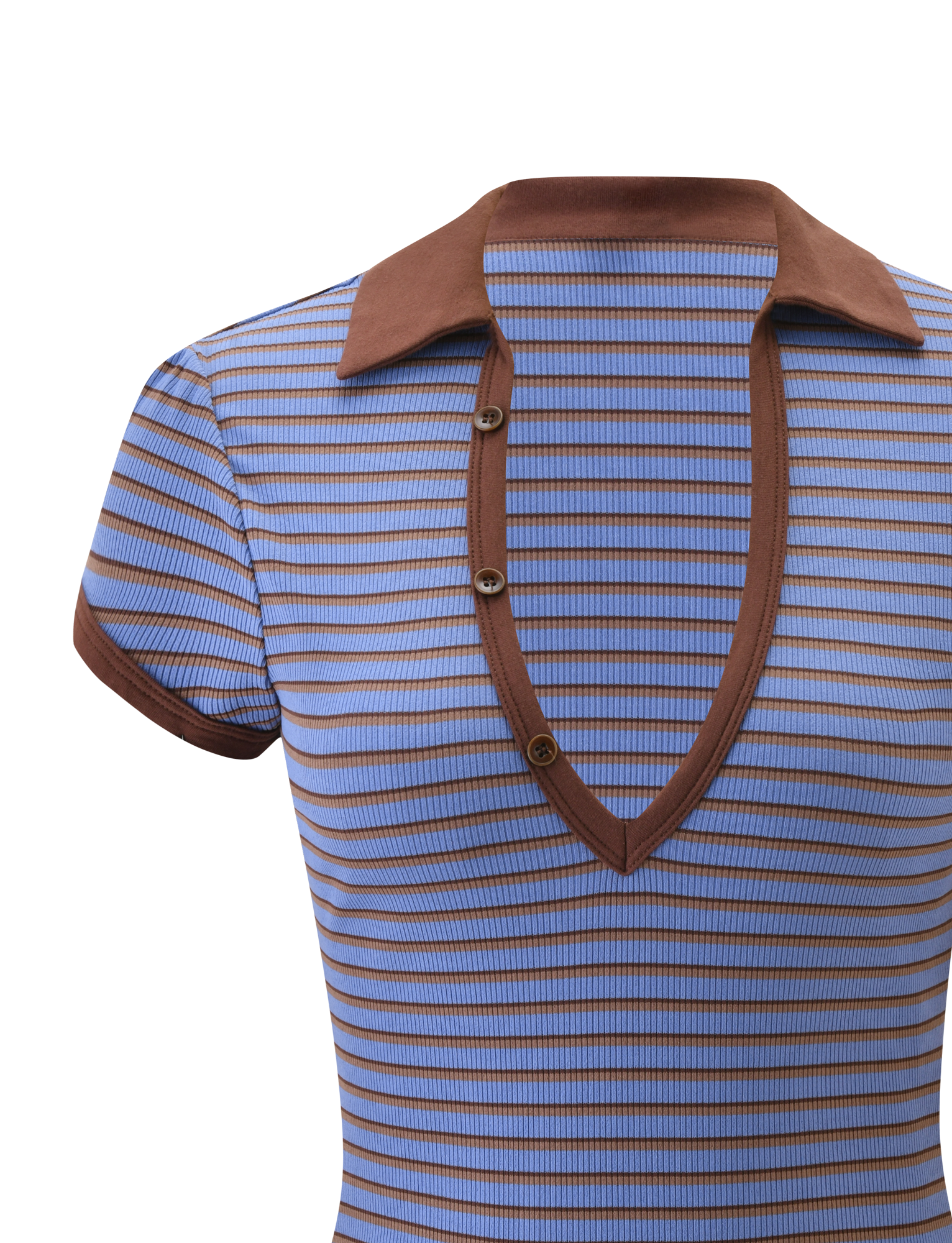 The image shows the upper part of the TIGERMIST KAYDIN TOP—a short-sleeve, rib knit shirt with blue and brown stripes, a brown-trimmed deep V-neck, brown collar, and three buttons—set against a white background.