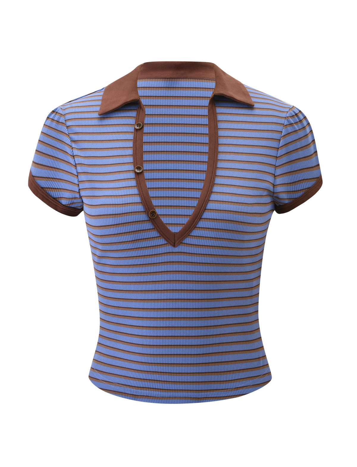 The KAYDIN TOP by TIGERMIST features blue and brown horizontal stripes, a rib knit texture, deep V-neck with brown buttons, matching collar, and brown-trimmed cuffs, shown against a white background.