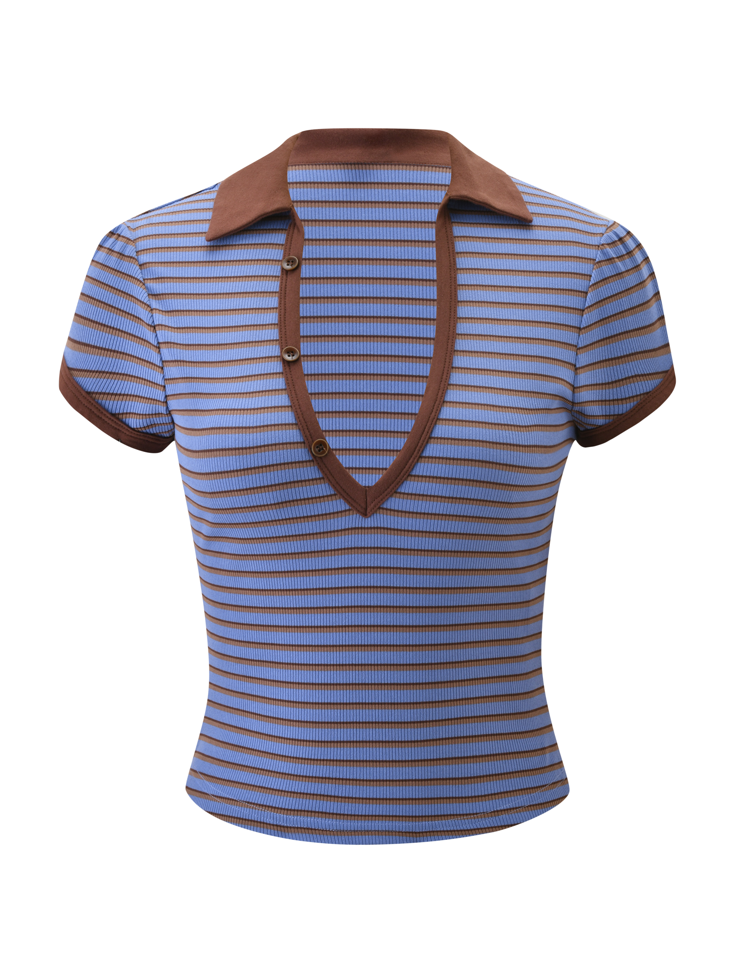 The KAYDIN TOP by TIGERMIST features blue and brown horizontal stripes, a rib knit texture, deep V-neck with brown buttons, matching collar, and brown-trimmed cuffs, shown against a white background.