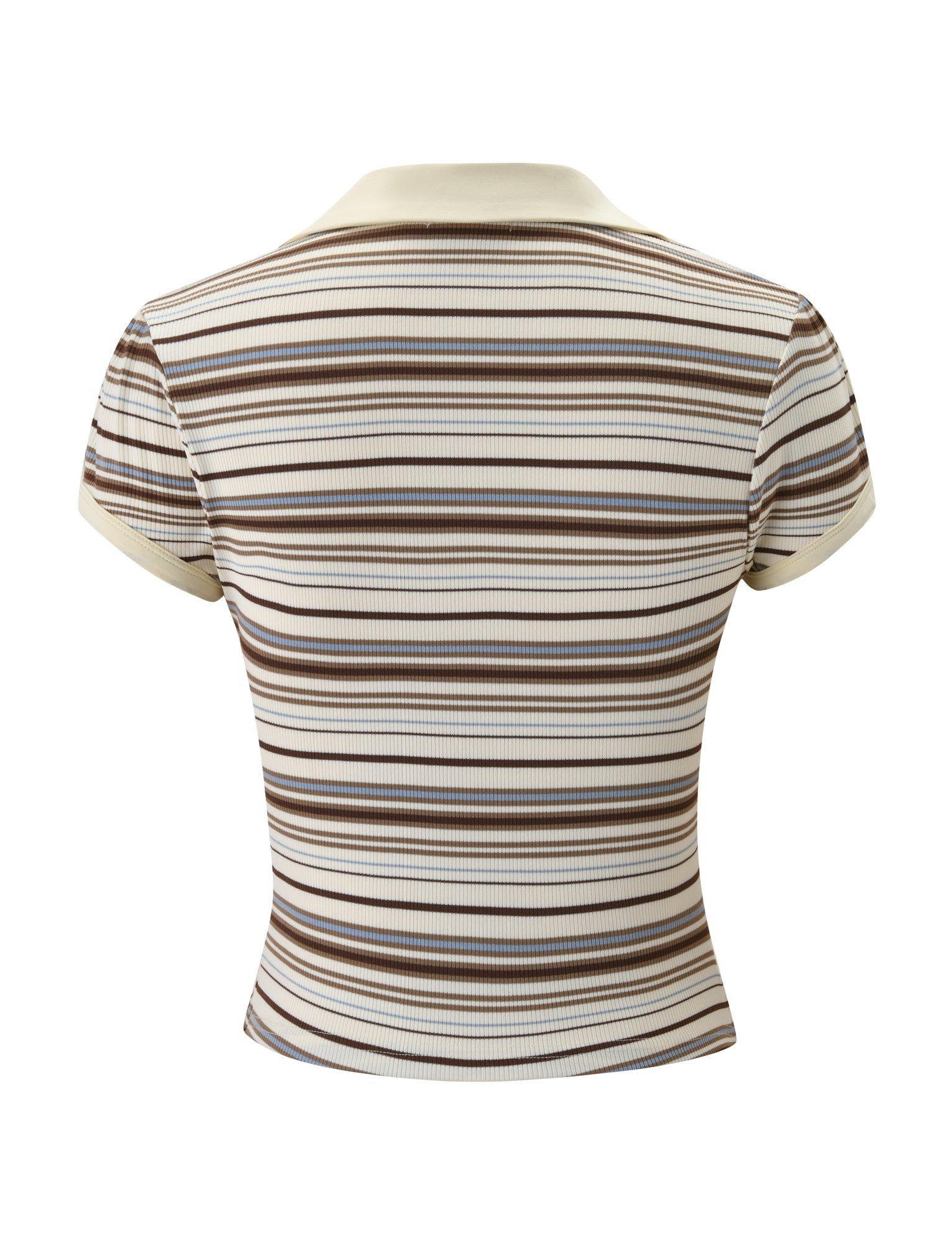 The KAYDIN TOP - CREAM STRIPE by TIGERMIST is a short-sleeve rib knit shirt with a cream base, featuring horizontal brown, tan, and white stripes and a classic cream collar. Shown from the back.