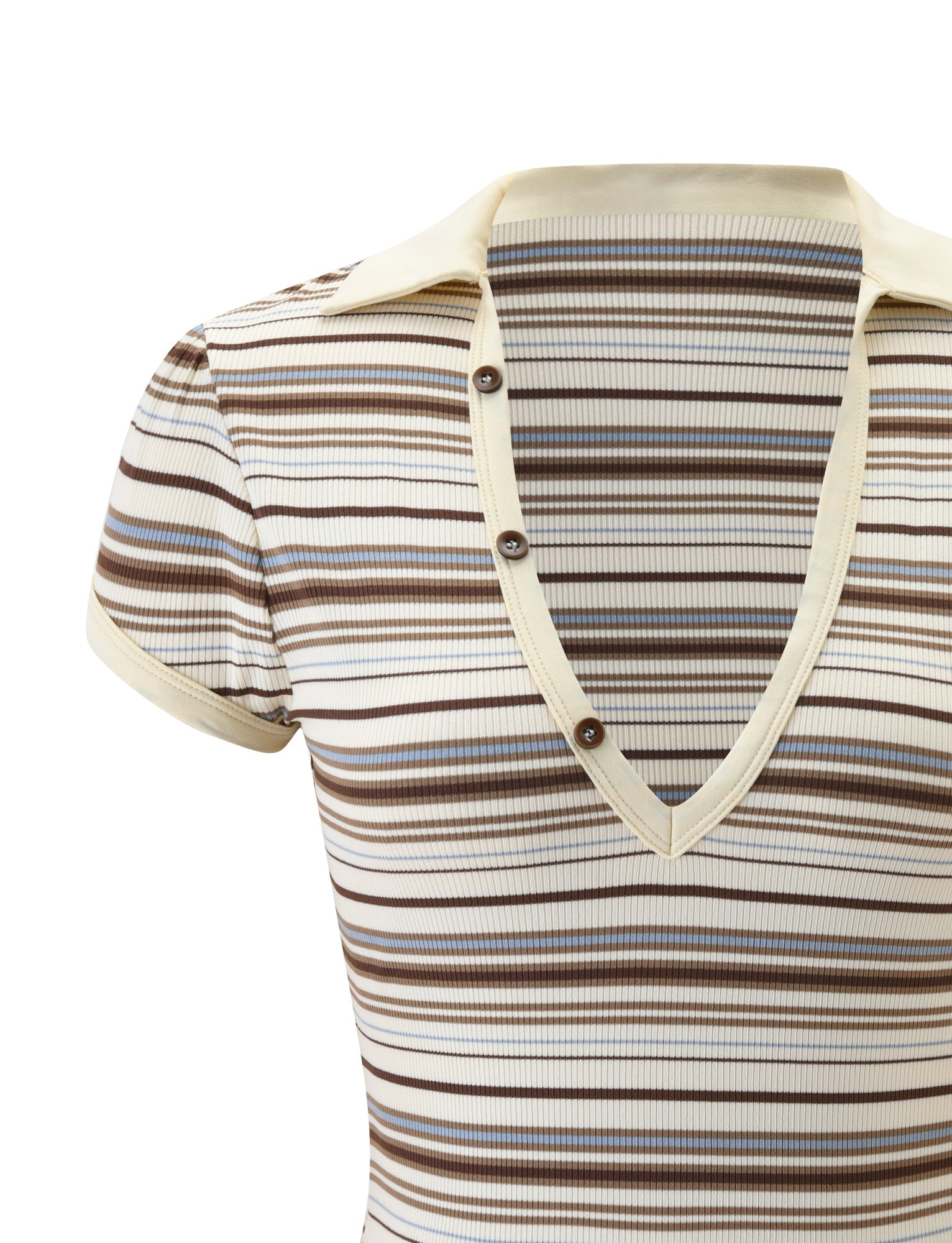 The TIGERMIST KAYDIN TOP - CREAM STRIPE is a short-sleeved rib knit shirt featuring horizontal brown and beige stripes, a deep v-neckline with cream trim and collar, and three brown buttons on the placket.