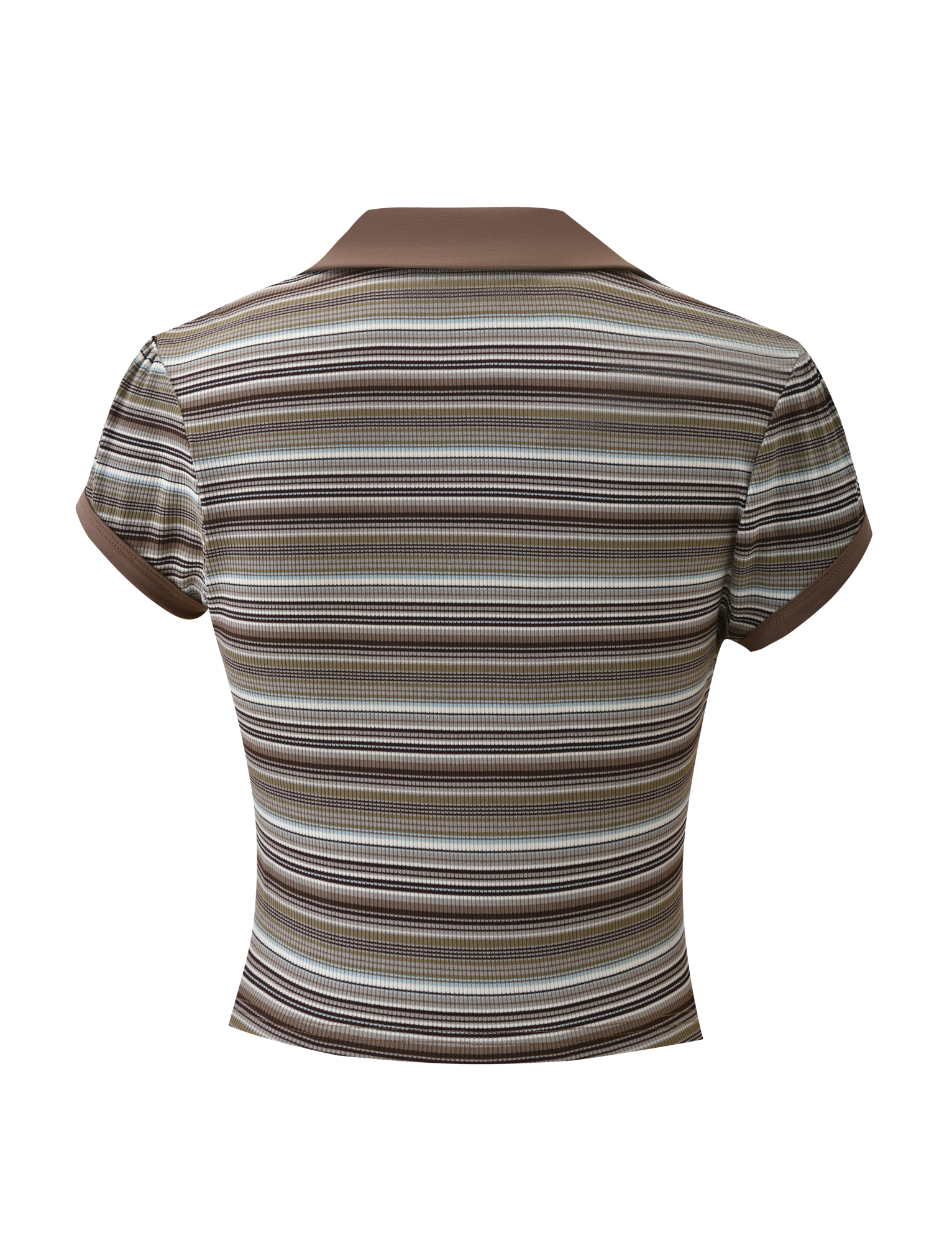 The KAYDIN TOP - MULTISTRIPE by TIGERMIST is a collared, short sleeve v-neck shirt with horizontal brown, beige, and gray stripes, shown from the back against a white background.