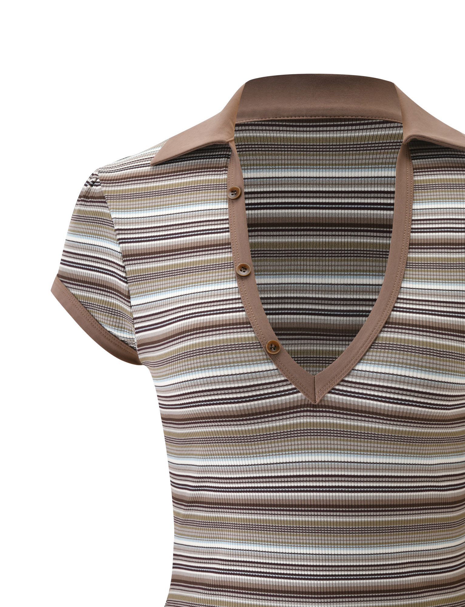 The TIGERMIST KAYDIN TOP - MULTISTRIPE is a fitted short sleeve rib knit shirt with a deep v-neck, three brown buttons, and horizontal stripes in brown, beige, and cream for a modern look.