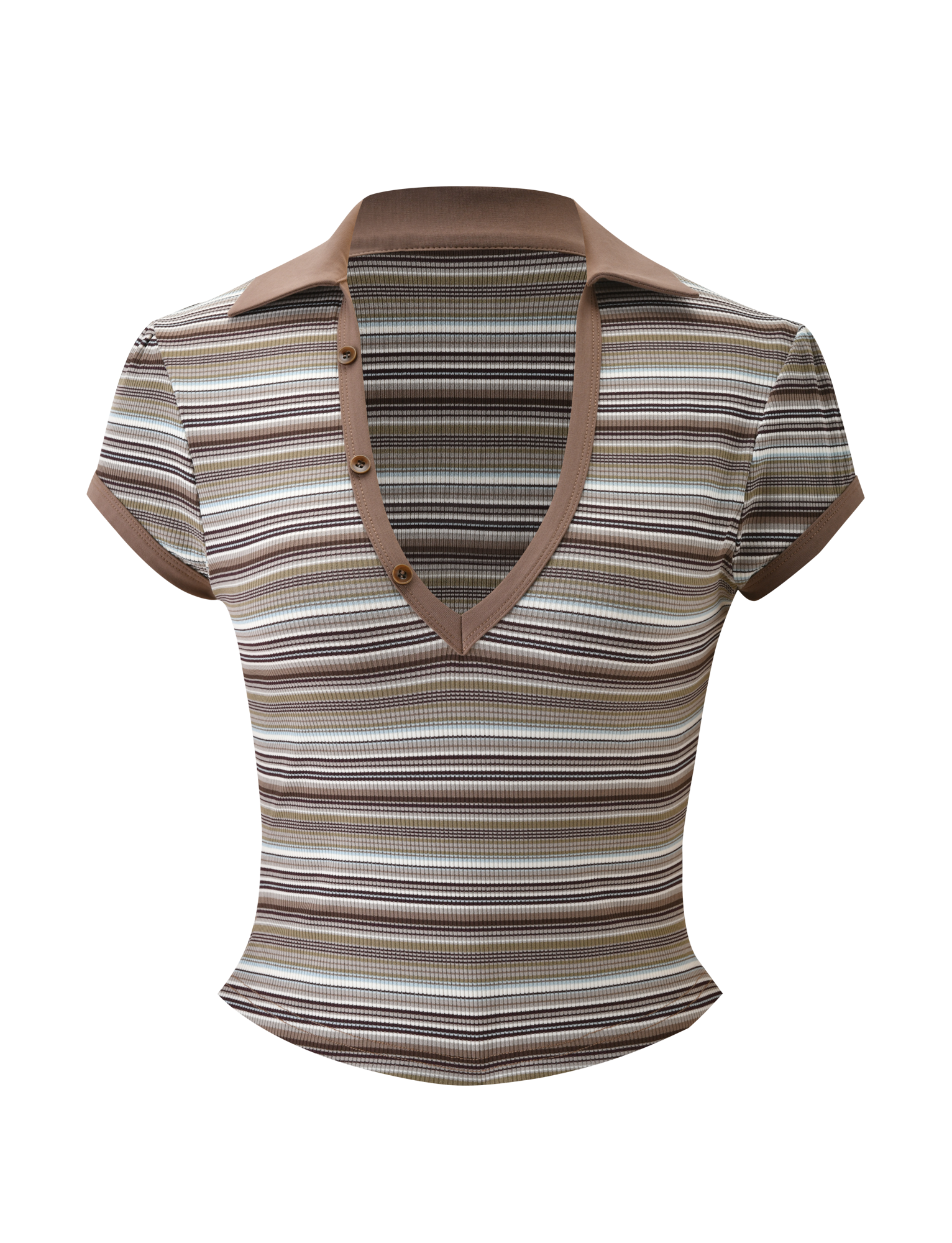The TIGERMIST KAYDIN TOP - MULTISTRIPE is a short-sleeve, collared shirt with a v-neckline and button details, made from striped rib knit in brown, beige, and cream on white.