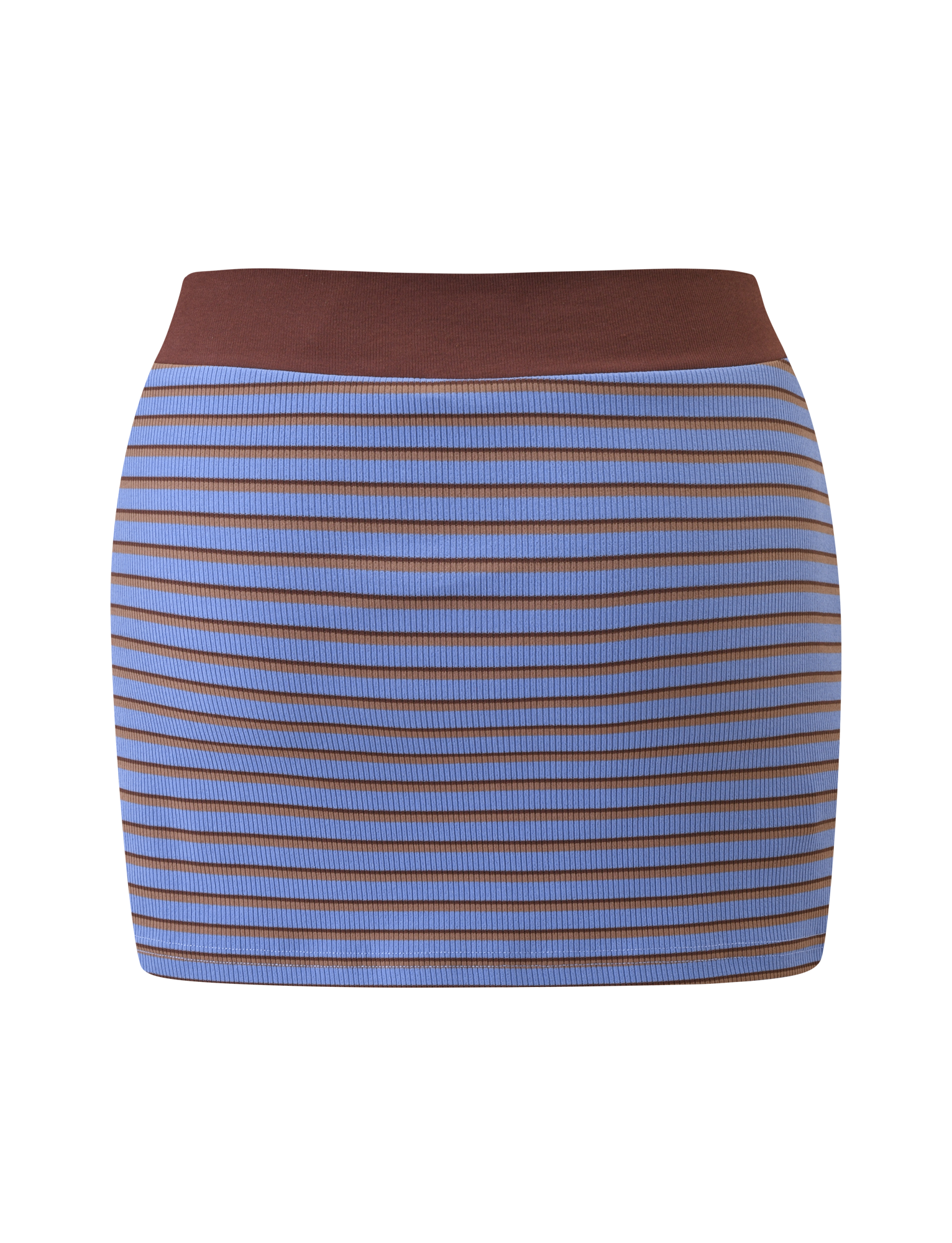 The TIGERMIST KAYDIN SKORT features horizontal blue and brown stripes with a solid brown waistband. This short, fitted skort is shown against a white background.