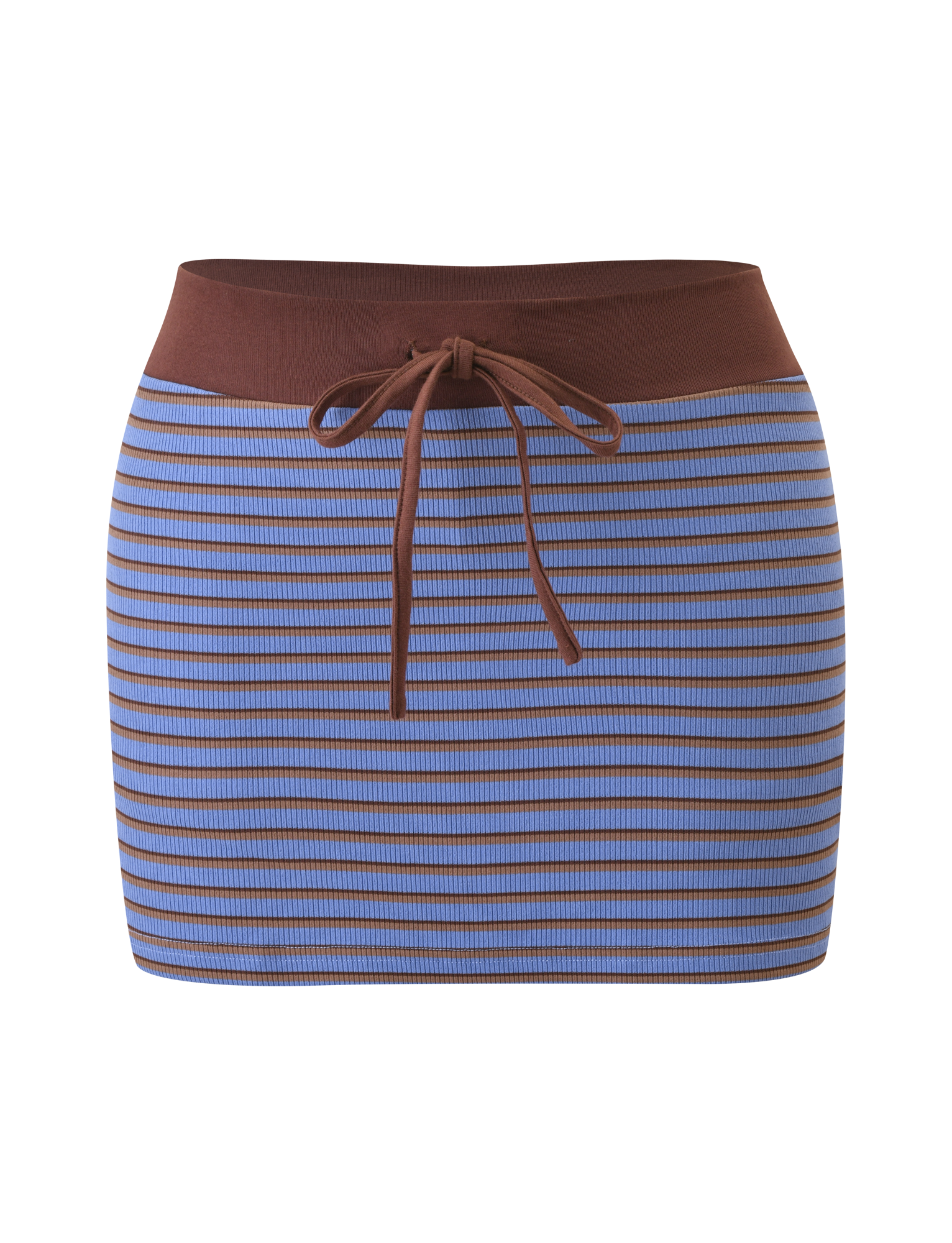 The KAYDIN SKORT by TIGERMIST features horizontal blue and brown stripes, a solid brown waistband with a front tie, and a fitted ribbed texture for a modern, casual look.