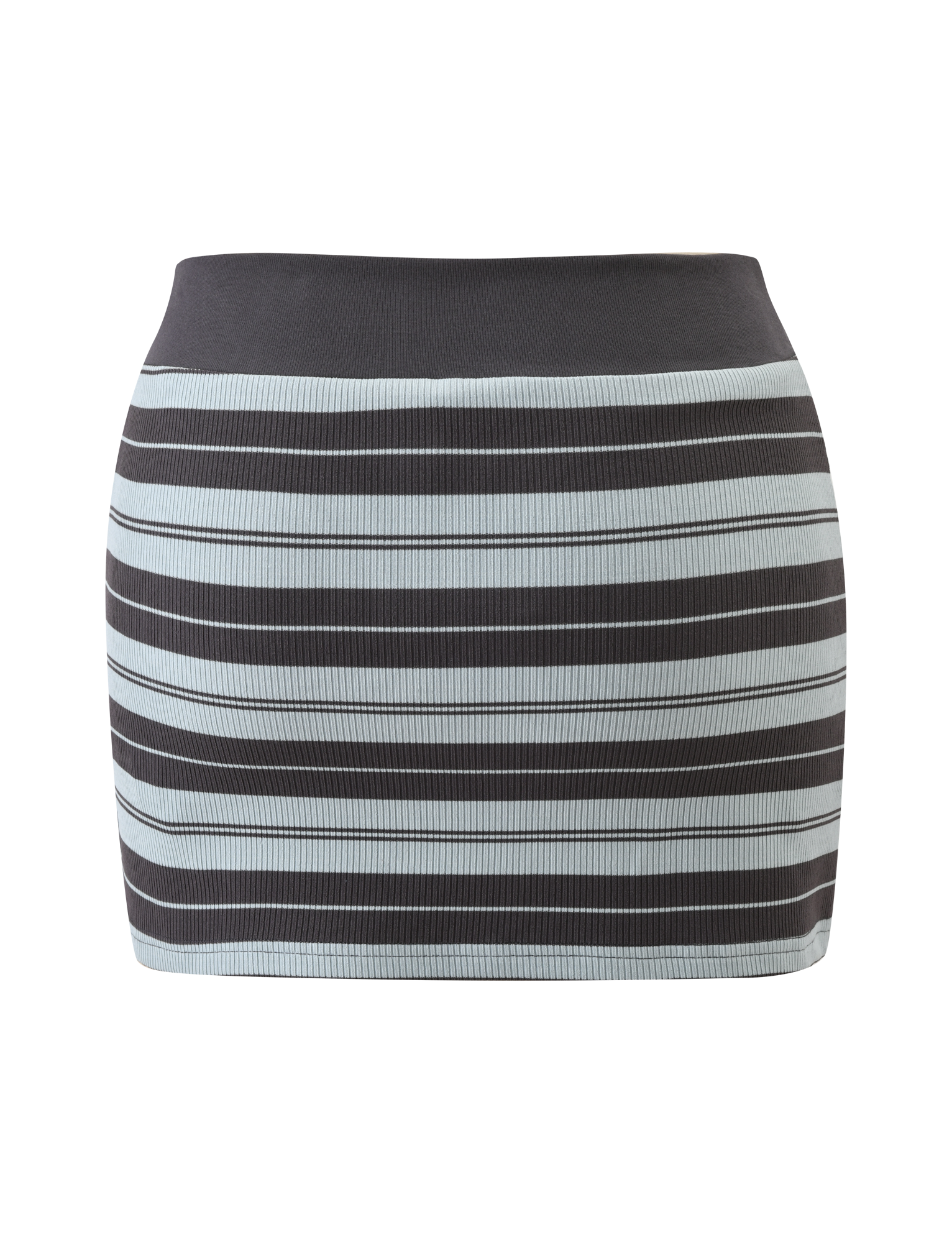 The TIGERMIST KAYDIN SKORT - BLUE STRIPE is a fitted knit mini skort featuring horizontal black, dark gray, and light blue stripes, shown on a white background.
