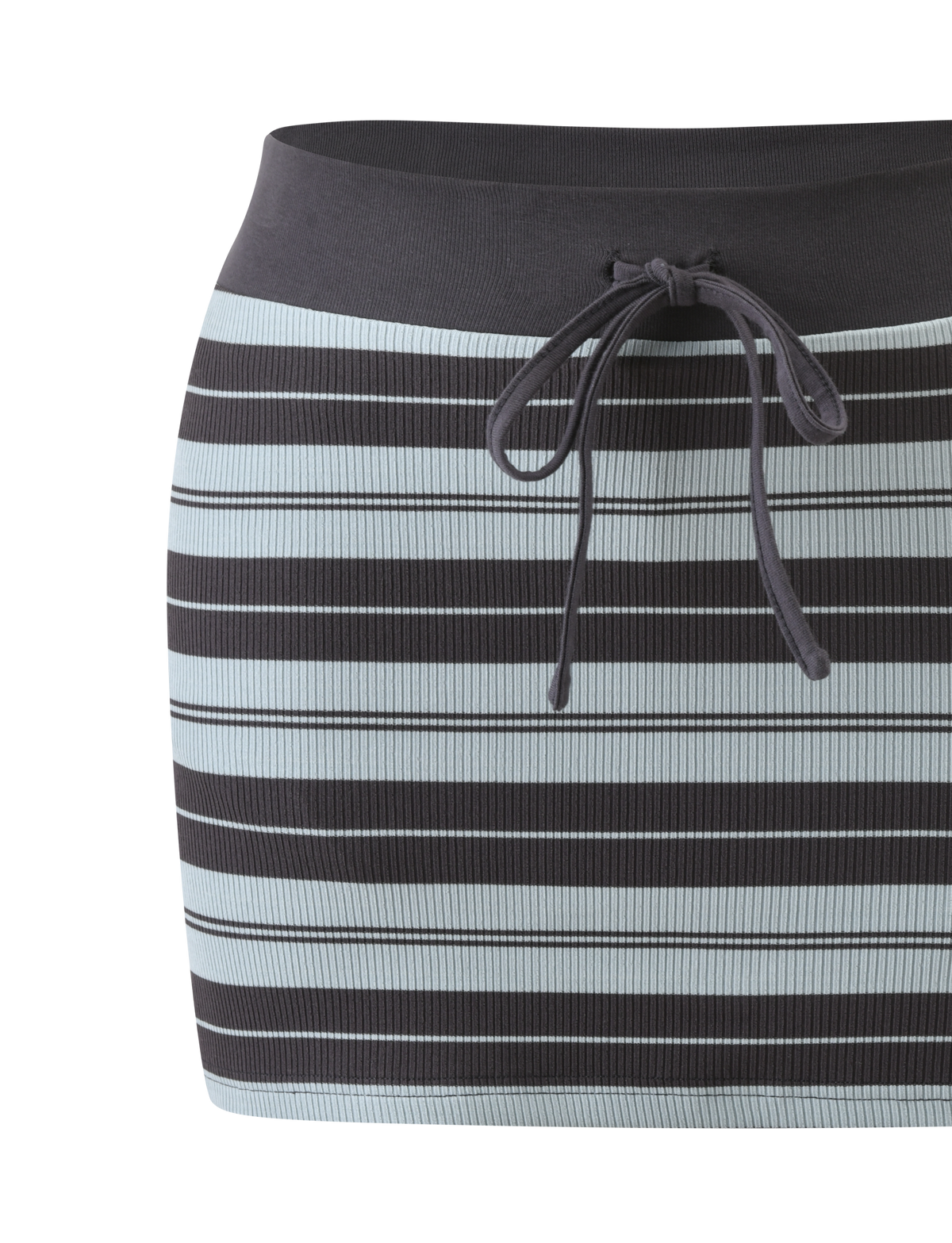 A close-up of the TIGERMIST KAYDIN SKORT - BLUE STRIPE, a fitted knit mini skort with horizontal black and blue stripes and a dark drawstring waistband tied in a bow at the front.