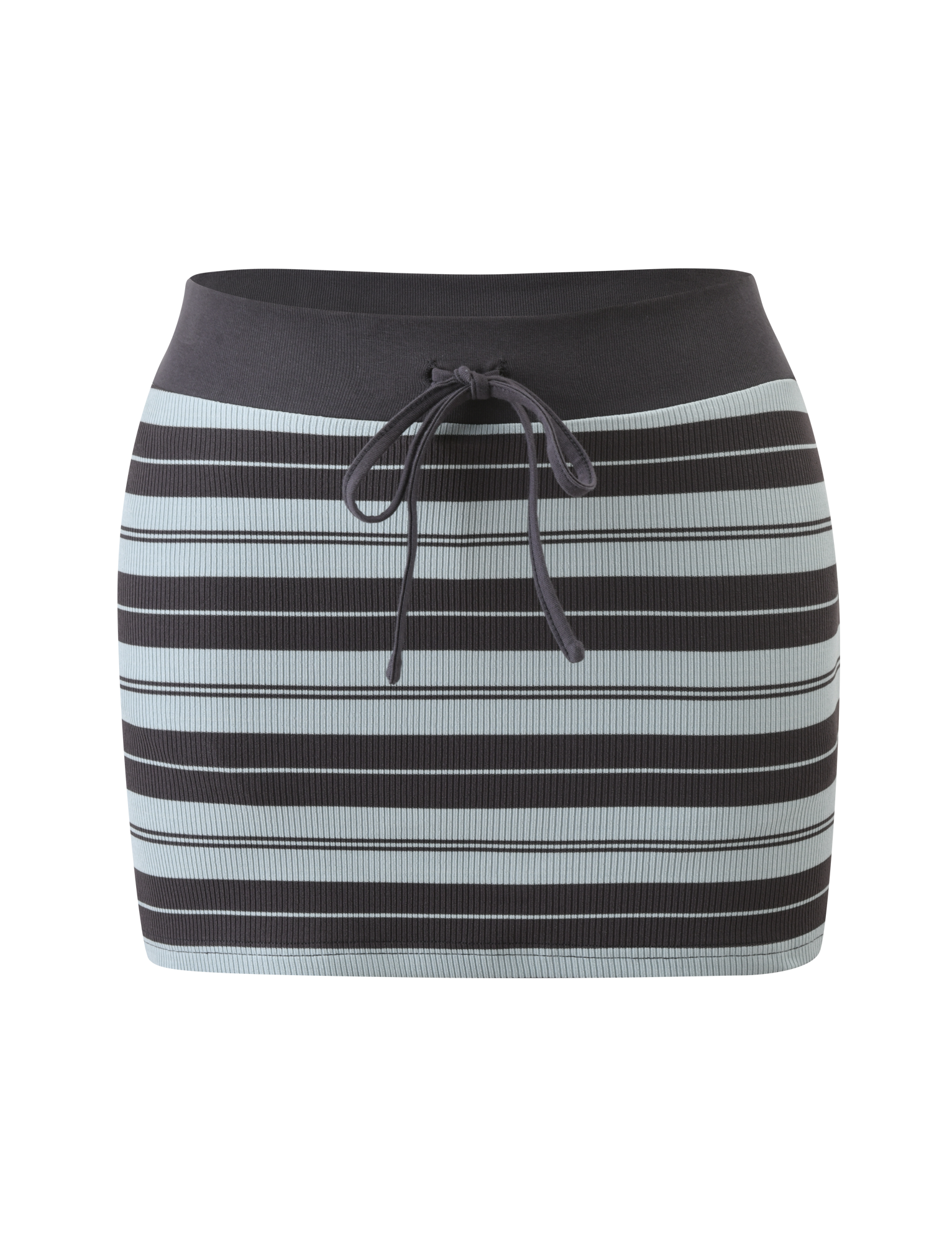 The KAYDIN SKORT by TIGERMIST is a fitted knit mini skirt with horizontal blue stripes and a black drawstring at the waist, shown on a white background.