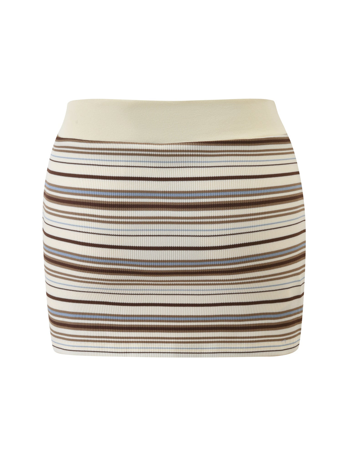 The TIGERMIST KAYDIN SKORT - CREAM STRIPE is a ribbed, fitted knit mini skort featuring horizontal brown and beige stripes, shown against a plain white background.