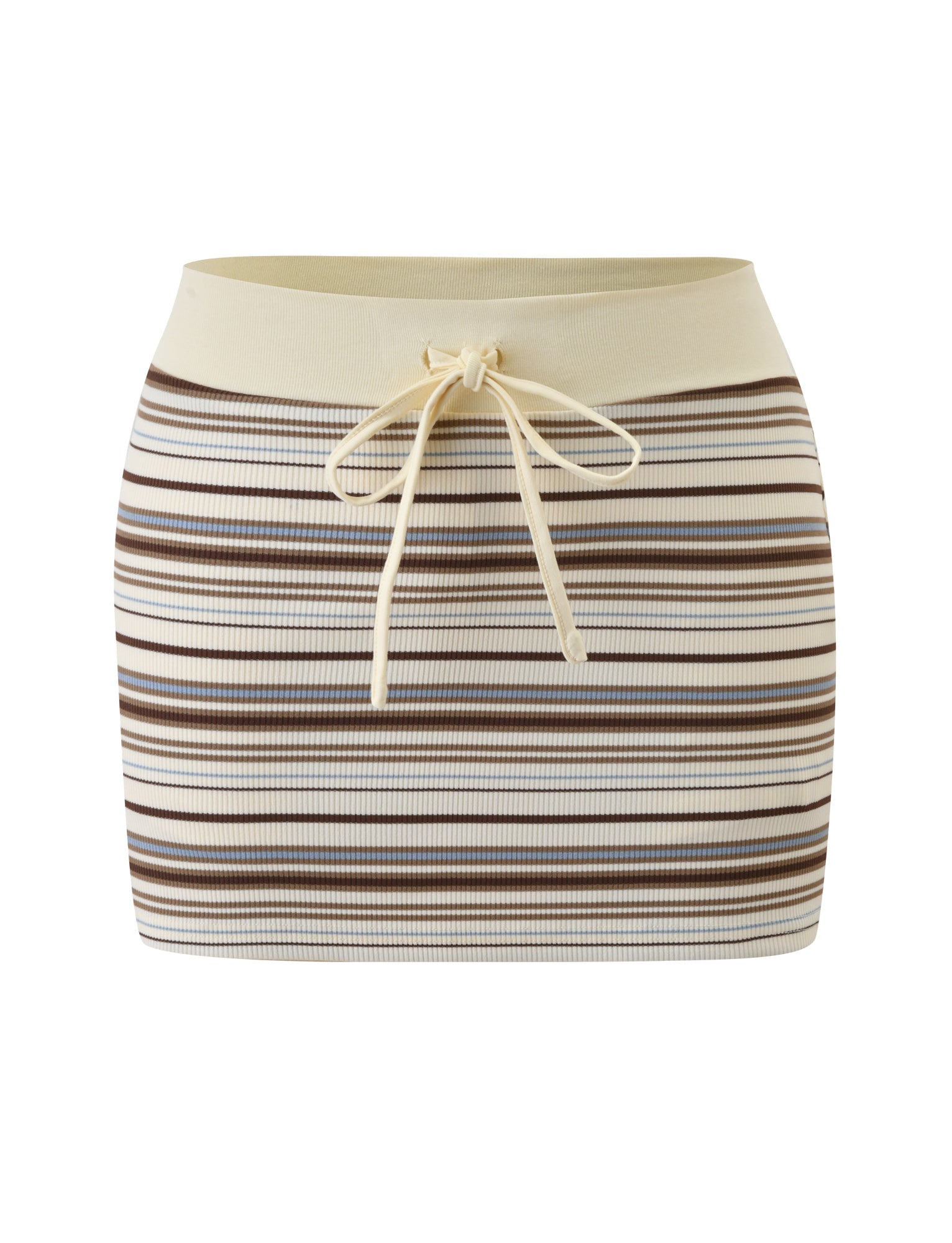 The TIGERMIST KAYDIN SKORT - CREAM STRIPE is a cream fitted knit mini skort featuring brown and beige horizontal stripes and a matching cream drawstring at the waistband, shown on a plain white background.