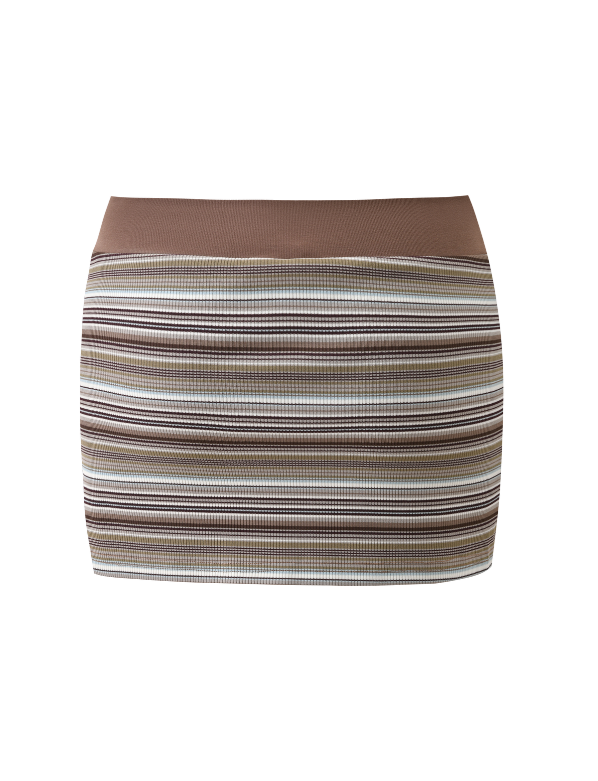 The TIGERMIST KAYDIN SKORT - MULTISTRIPE features a fitted bodycon micro mini style in rib knit stripes of brown, beige, white, and gray, with a solid brown waistband and hidden mini shorts. Shown on a plain white background.