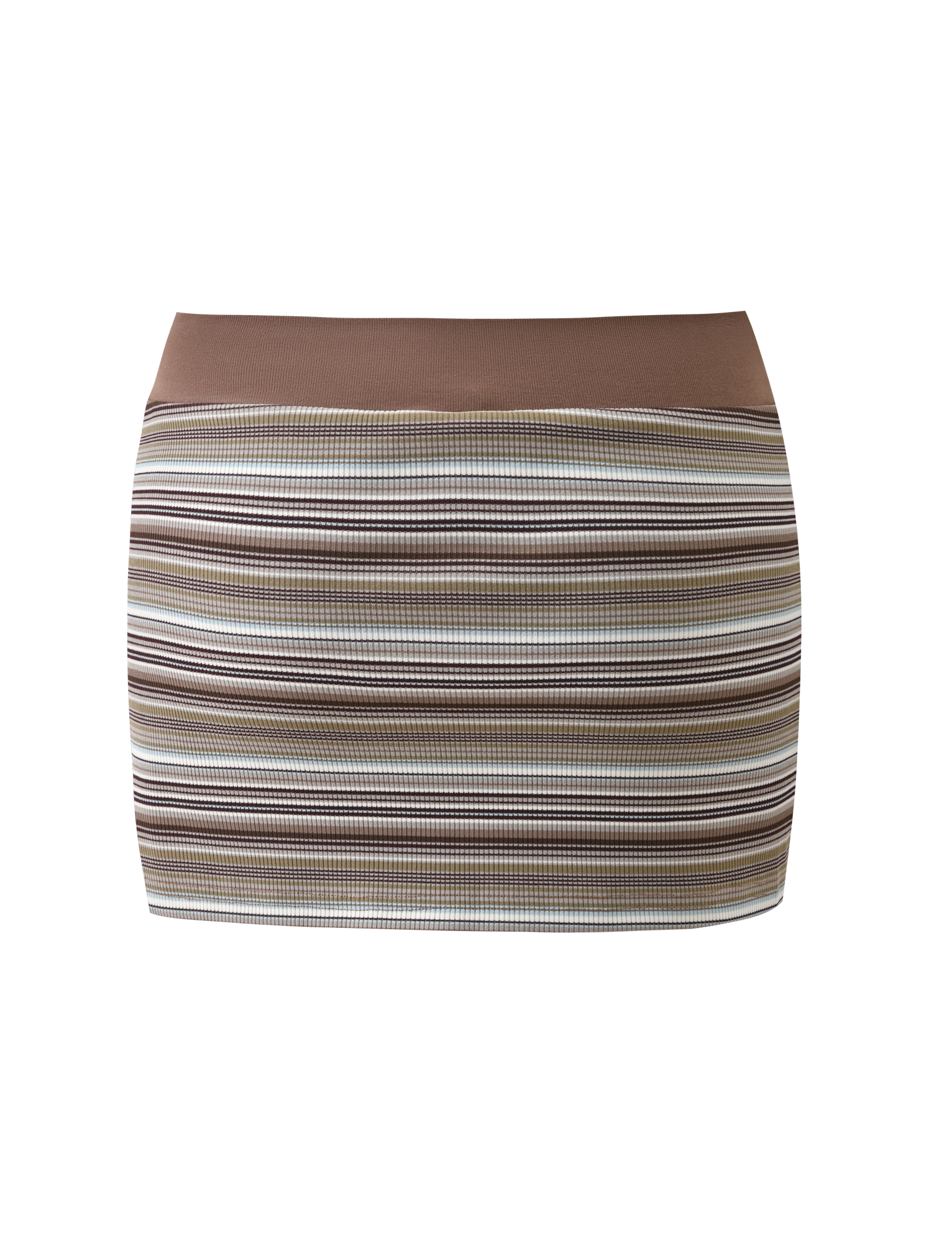 The TIGERMIST KAYDIN SKORT - MULTISTRIPE features a fitted bodycon micro mini style in rib knit stripes of brown, beige, white, and gray, with a solid brown waistband and hidden mini shorts. Shown on a plain white background.
