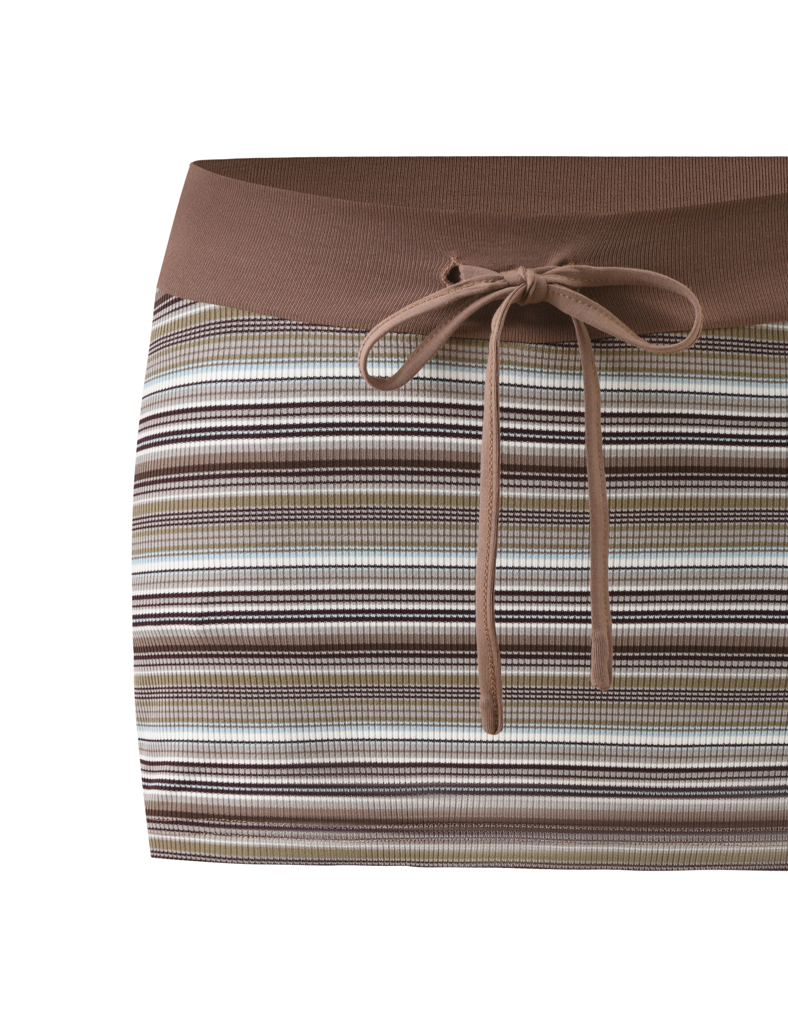 The TIGERMIST KAYDIN SKORT - MULTISTRIPE features a rib knit mini skirt with a wide brown waistband, drawstring tie, horizontal stripes in brown, white, blue, olive green, and hidden mini shorts for comfort and coverage.