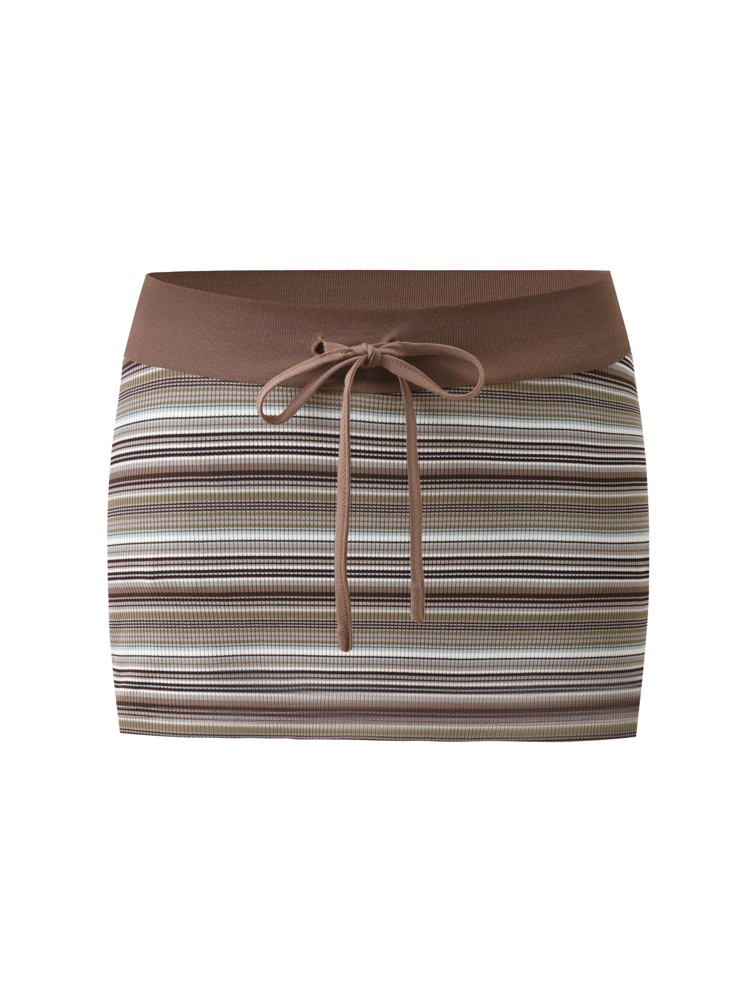 The KAYDIN SKORT - MULTISTRIPE by TIGERMIST is a rib knit bodycon micro mini skort with horizontal brown, beige, and white stripes, a solid brown waistband, hidden shorts, and front tie detail. Shown on a plain white background.