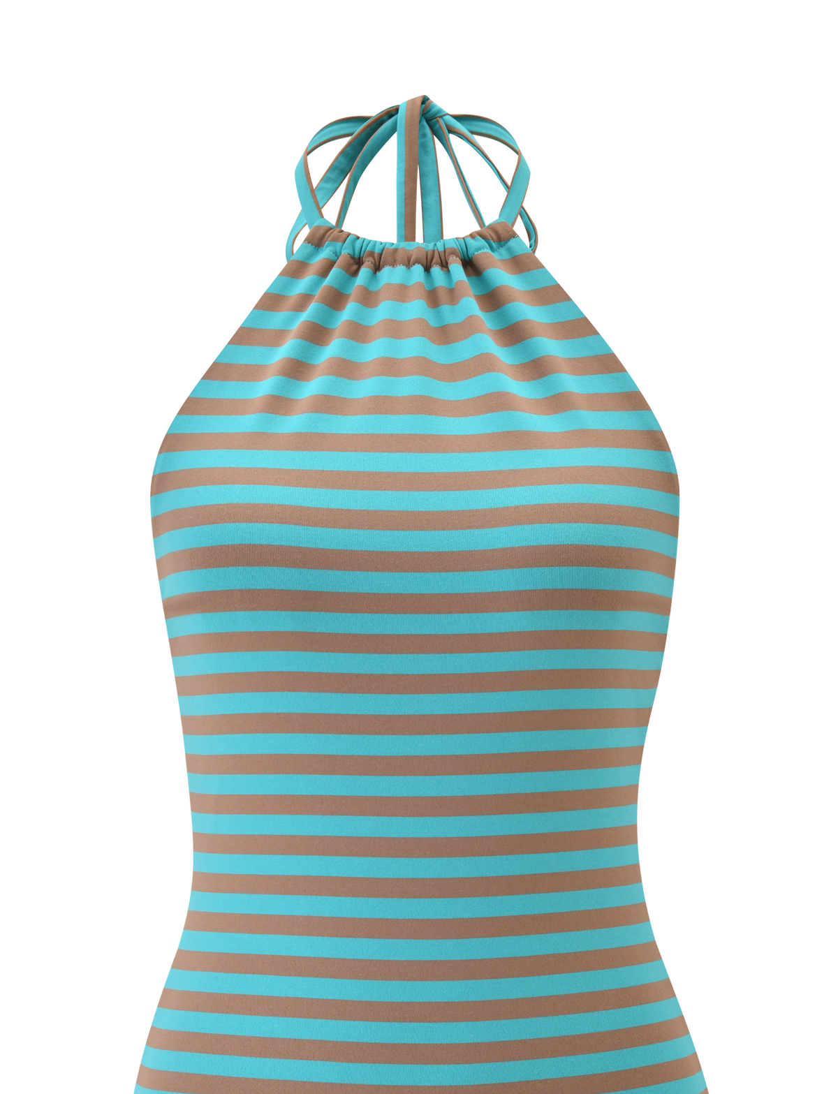 The TIGERMIST DILLON DRESS 2.0 in Mushroom Aqua Stripe features a sleeveless halter-neck design with horizontal blue and brown stripes, displayed against a plain light background.