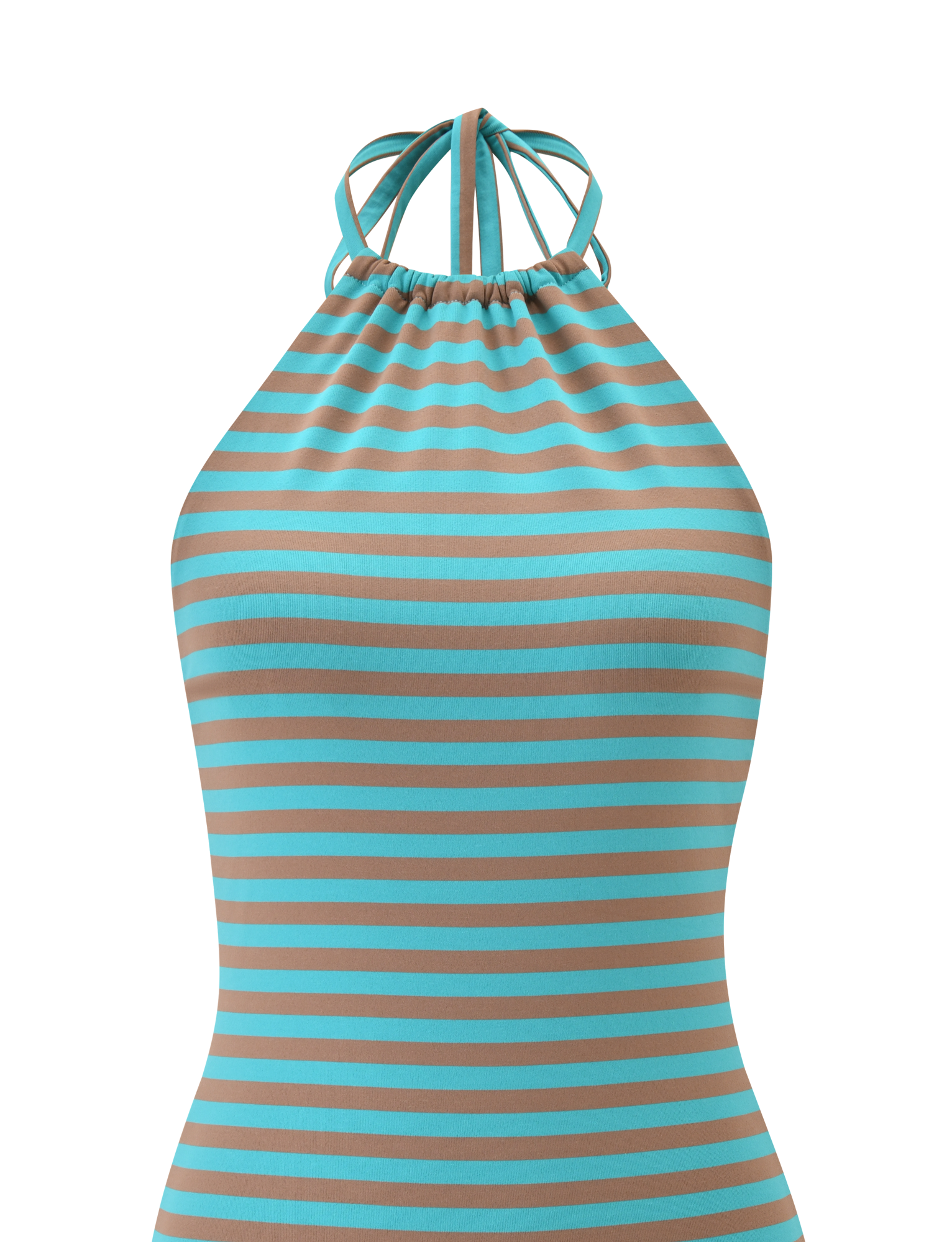 The TIGERMIST DILLON DRESS 2.0 in Mushroom Aqua Stripe features a sleeveless halter-neck design with horizontal blue and brown stripes, displayed against a plain light background.