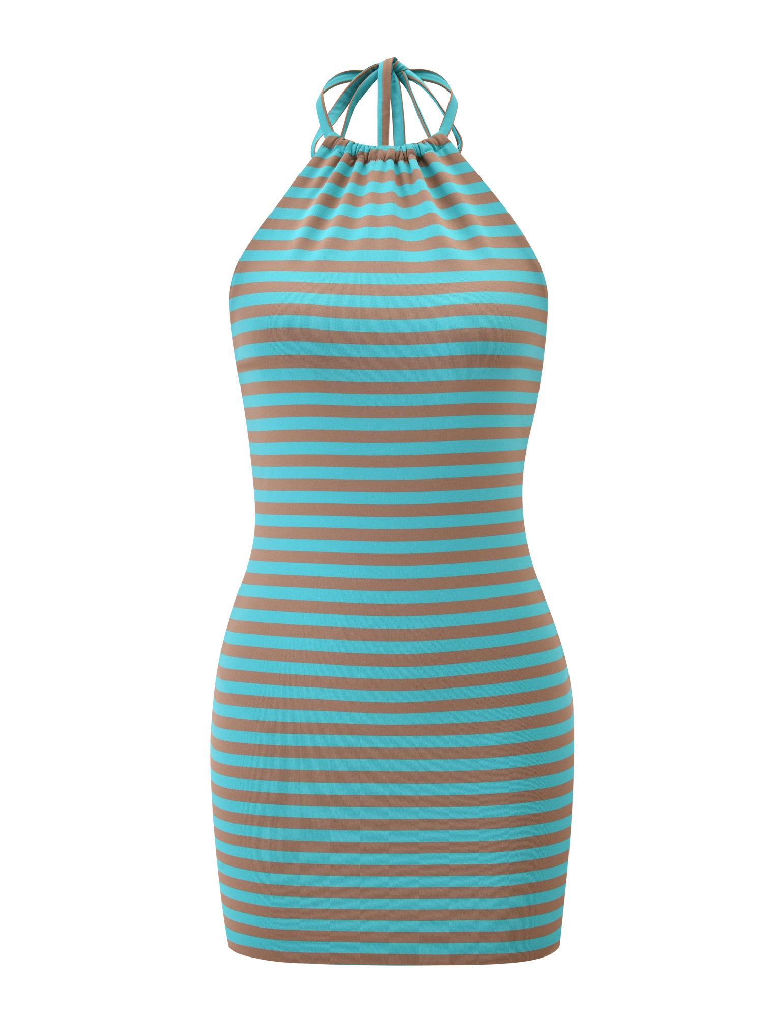 The TIGERMIST DILLON DRESS 2.0 - MUSHROOM AQUA STRIPE is a sleeveless, bodycon mini dress with a halter neckline, showcasing chic horizontal brown and turquoise stripes for a modern style.