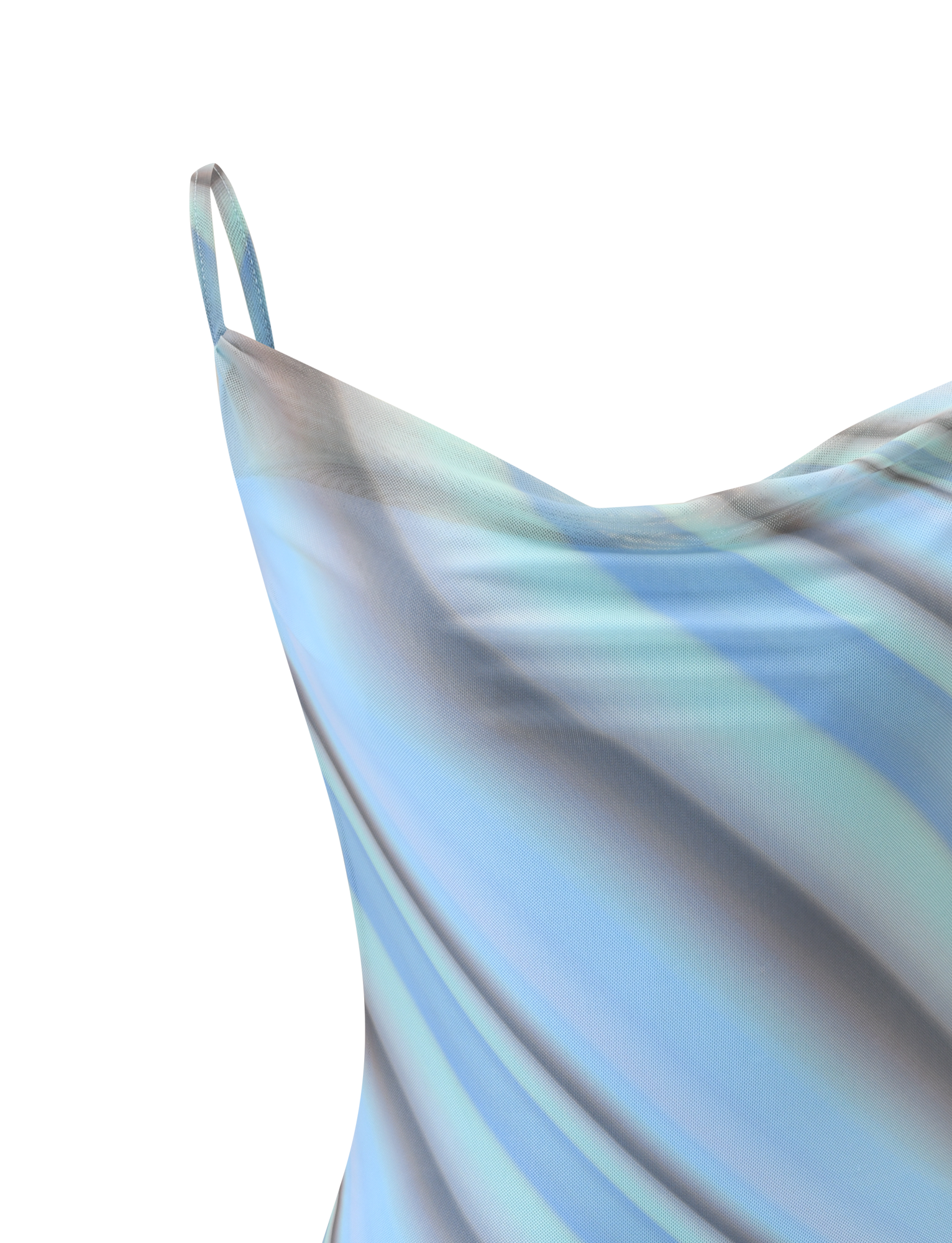 Close-up of the TIGERMIST MORANA MESH MINI DRESS - MULTISTRIPE, a silky mini dress with light blue, gray, and teal diagonal stripes, thin shoulder strap, and cowl neckline, set against a plain white background.