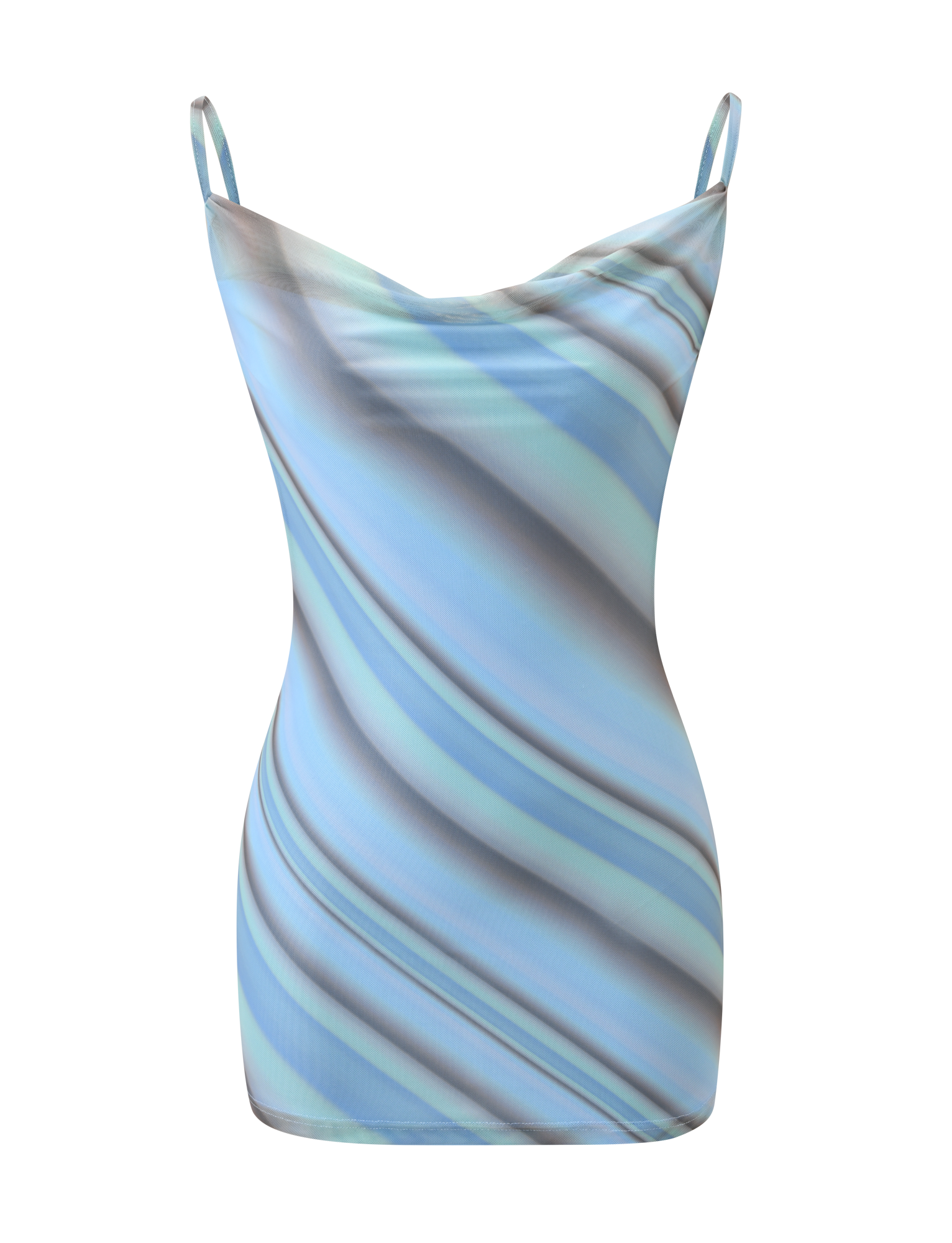 The TIGERMIST MORANA MESH MINI DRESS - MULTISTRIPE is a sleeveless, form-fitting mini dress with thin straps, a cowl neckline, and a blue, turquoise, and gray marble stripe pattern on white.