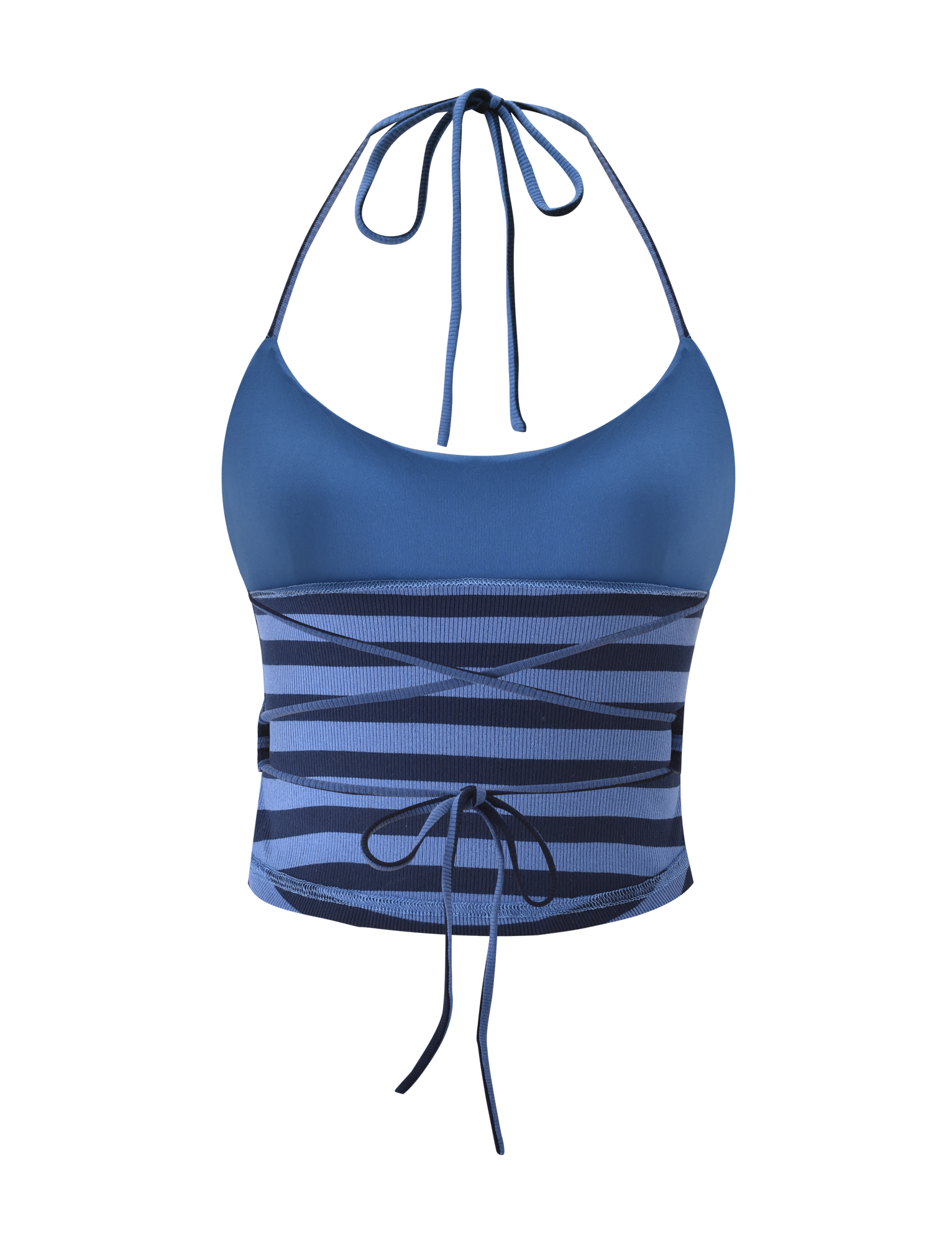 The TIGERMIST CERYS RIB TOP - BLUE NAVY STRIPE is a ribbed knit halter with thin tie straps and bold horizontal and diagonal blue stripes on the lower half.