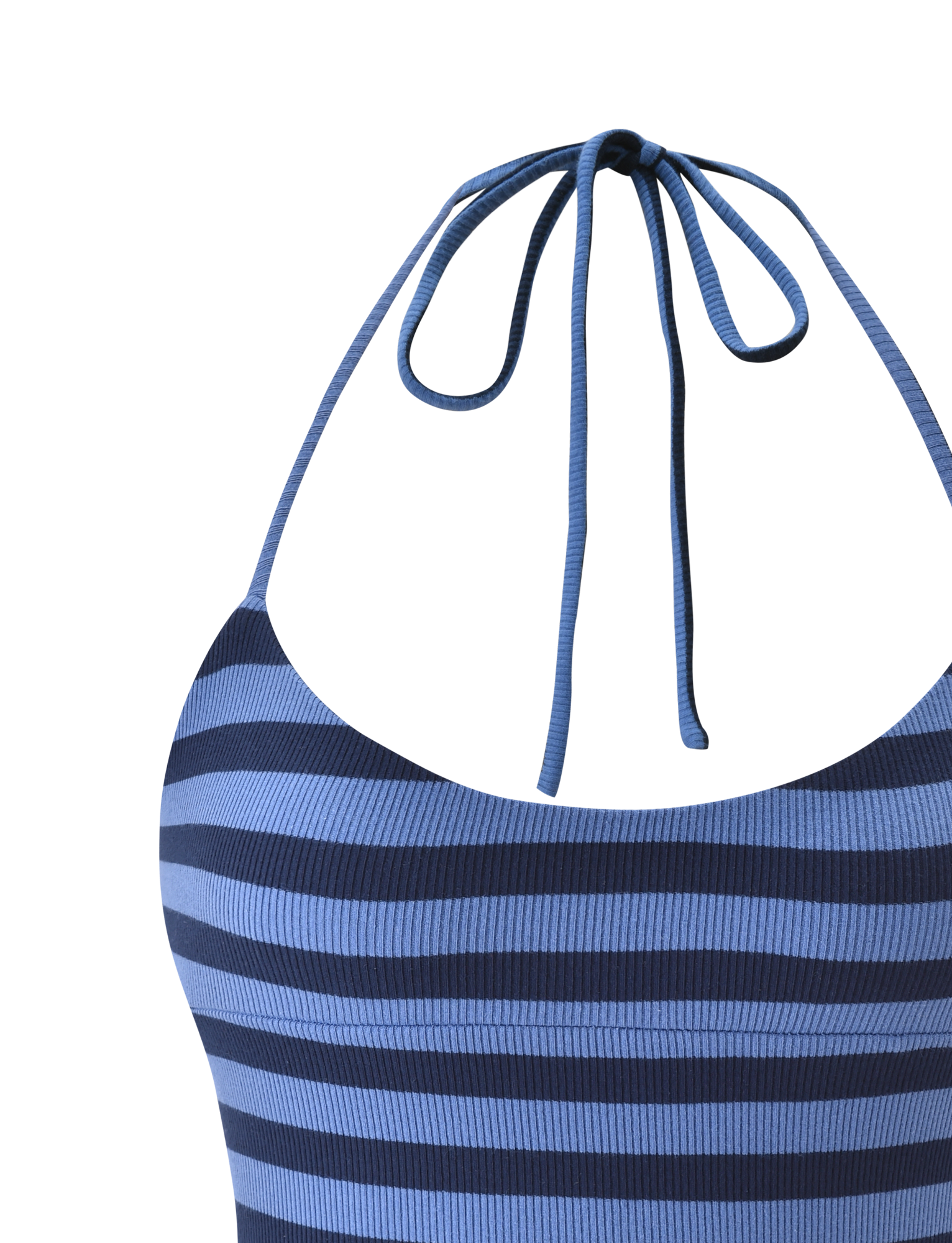 Close-up of the TIGERMIST CERYS RIB TOP in blue navy stripe, featuring a halter neck, ribbed knit fabric, and thin straps tied in a bow, displayed against a plain white background.