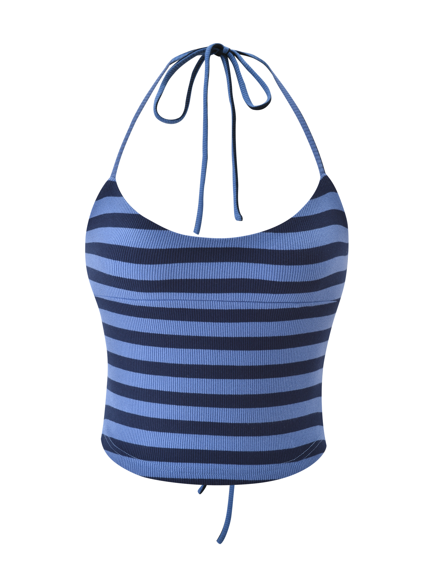 The TIGERMIST CERYS RIB TOP - BLUE NAVY STRIPE is a sleeveless, ribbed knit halter with light and dark blue stripes and thin tie straps at the neck and back.