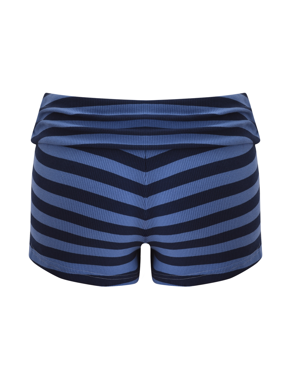 The CERYS RIB SHORT by TIGERMIST features blue and navy horizontal stripes, a ribbed knit, and a foldover waistband, shown against a white background.