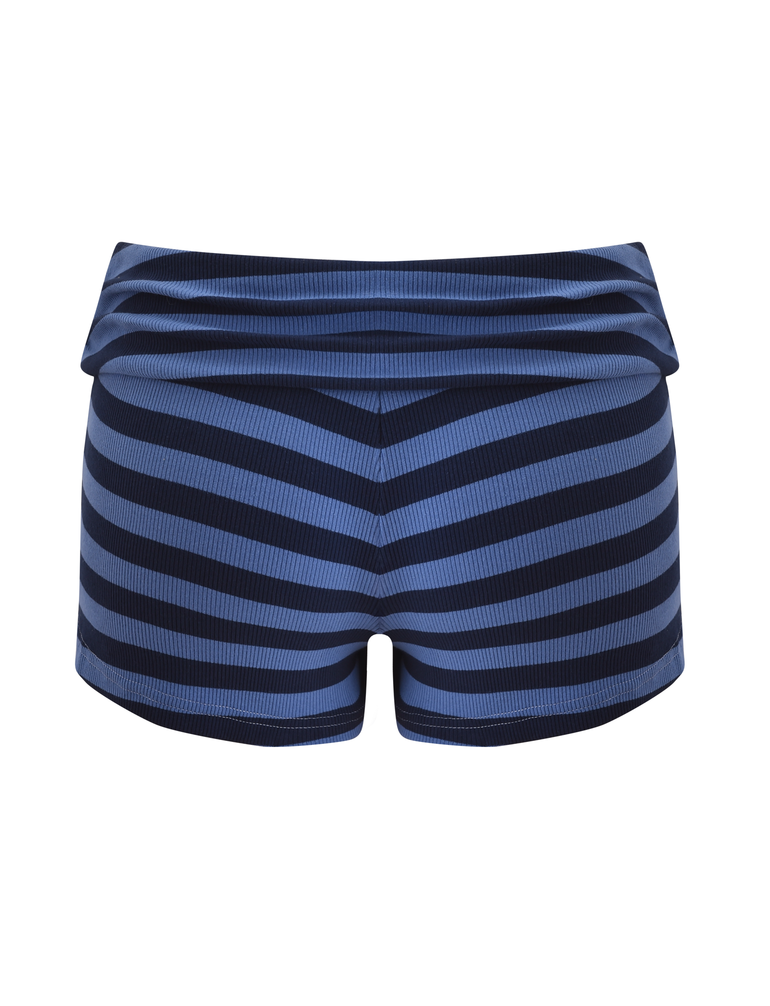 The CERYS RIB SHORT by TIGERMIST features blue and navy horizontal stripes, a ribbed knit, and a foldover waistband, shown against a white background.